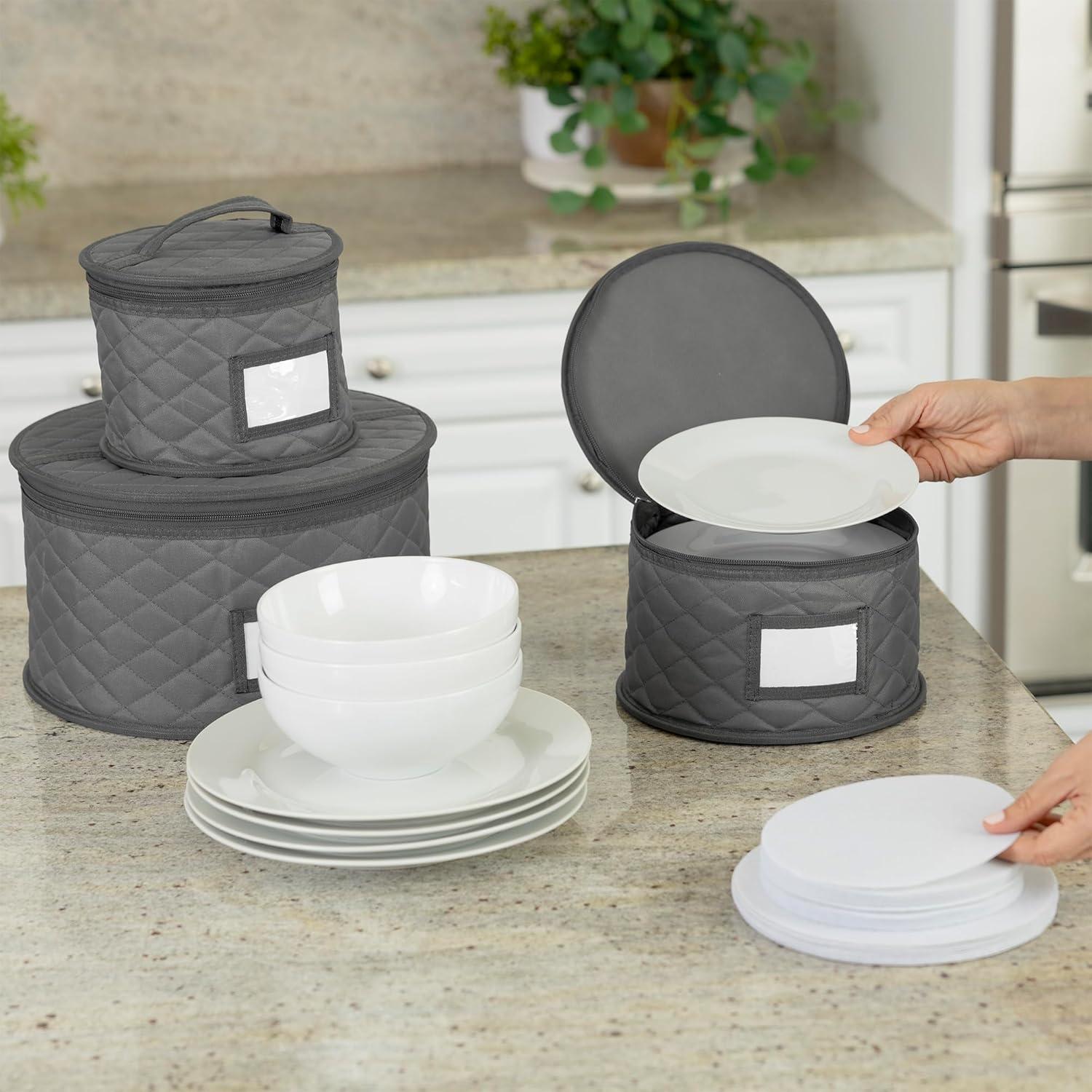 6" Small Plate Storage Case - China Storage Container - Stackable With Padded Interior to Store your Dinnerware Dishes - 12 Felt Dividers Included - Gray - Great for Saucers and Small Bowls