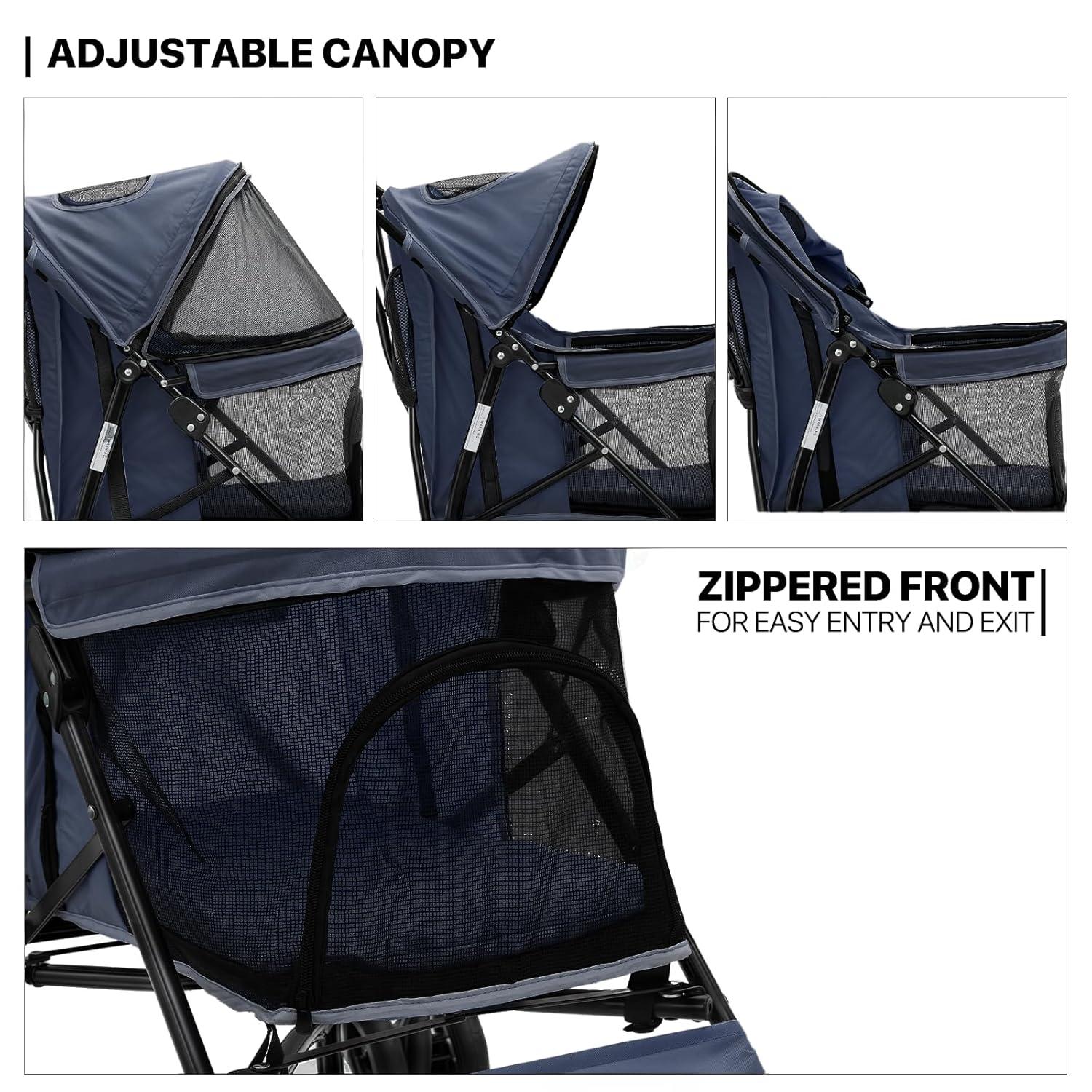 MoNiBloom 4 Wheel Folding Pet Stroller, Foldable Dog Jogger Stroller with Adjustable Canopy and Mesh Window