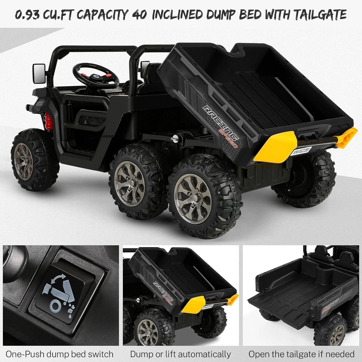 JOYRACER 24V 2 Seater Ride On Dump Truck with Remote Control , Electric UTV Car with Electric Dump Bed, 4WD Power Ride Cars W/6 Wheels Ride On Toys with Shovel Music Player