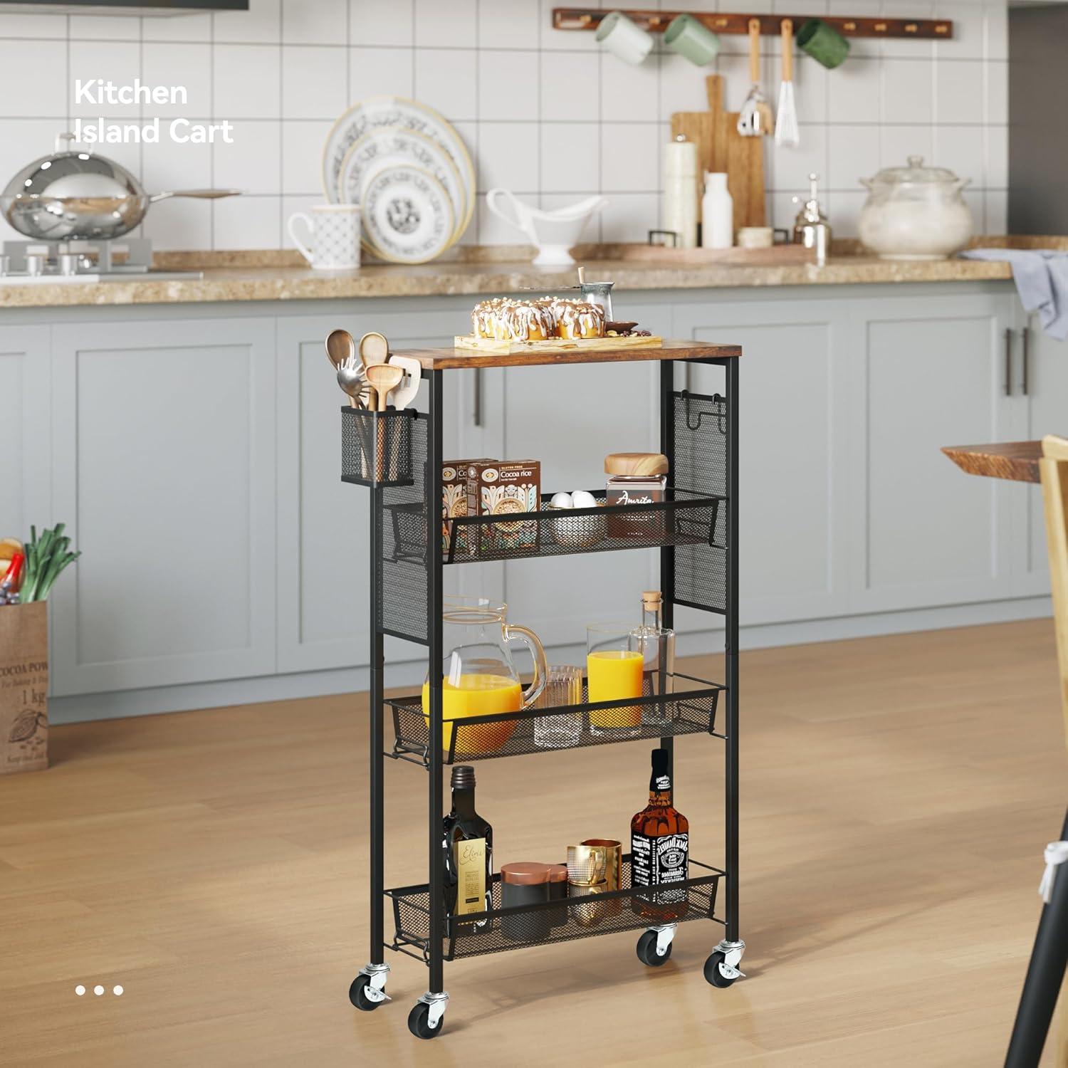 DWVO 4-Tier Slim Rolling Cart on Wheels, 34" Wooden Tabletop Kitchen Storage Organizer Cart with Wire Mesh Baskets, Slide-Out Storage Cart for Kitchen, Bathroom Living Room (White)