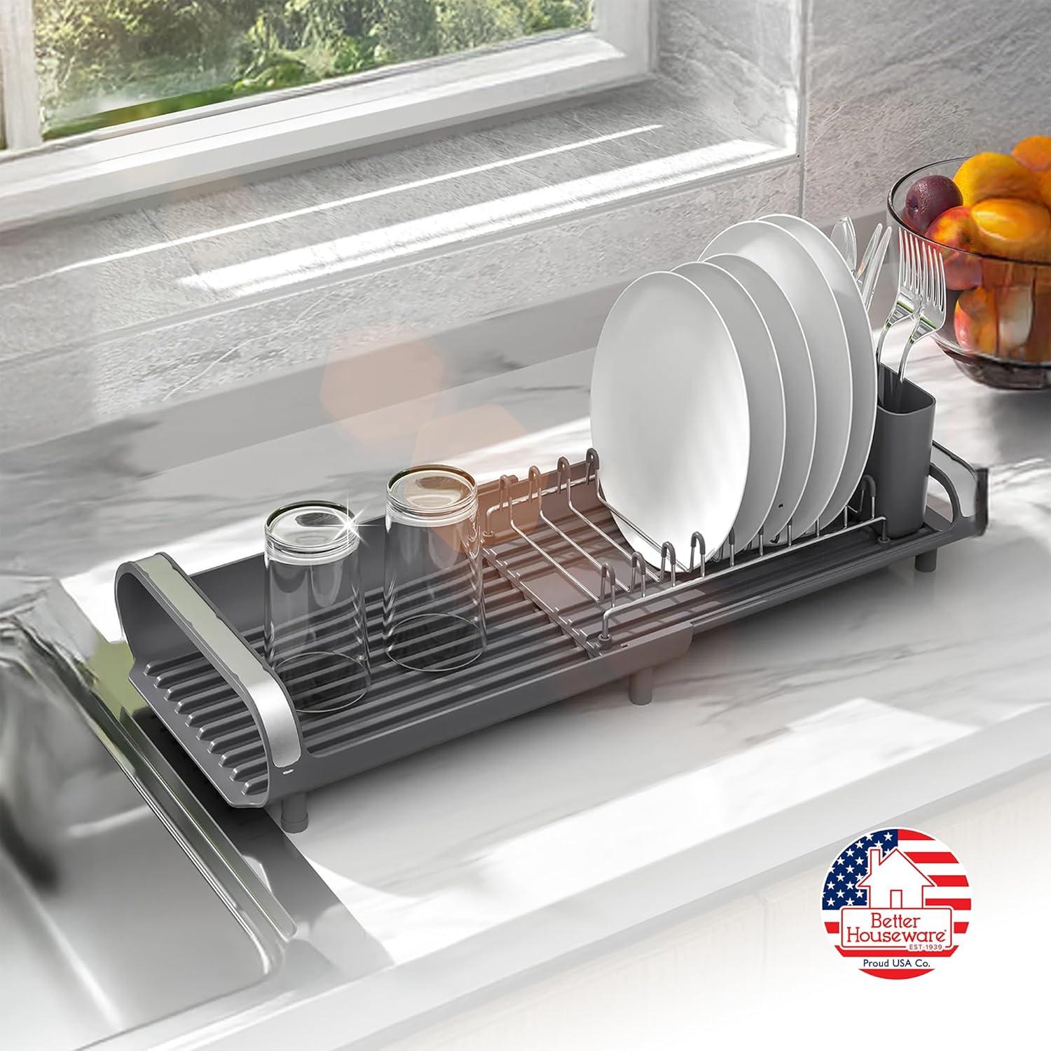 Compact Gray Metal Foldable Dish Rack with Utensil Cup