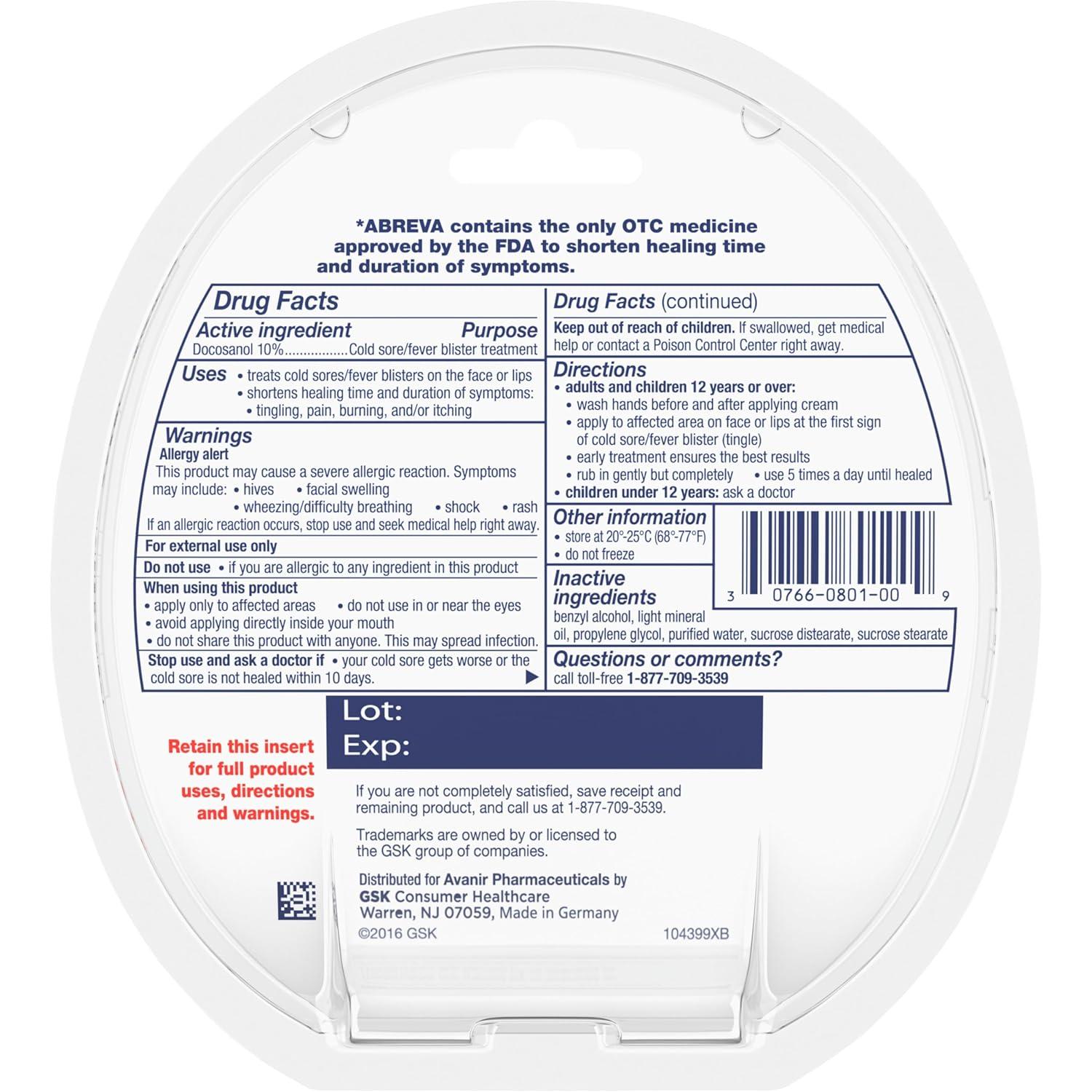 Abreva Docosanol 10% Cream Cold Sore/Fever Blister Treatment Tube - 0.07oz