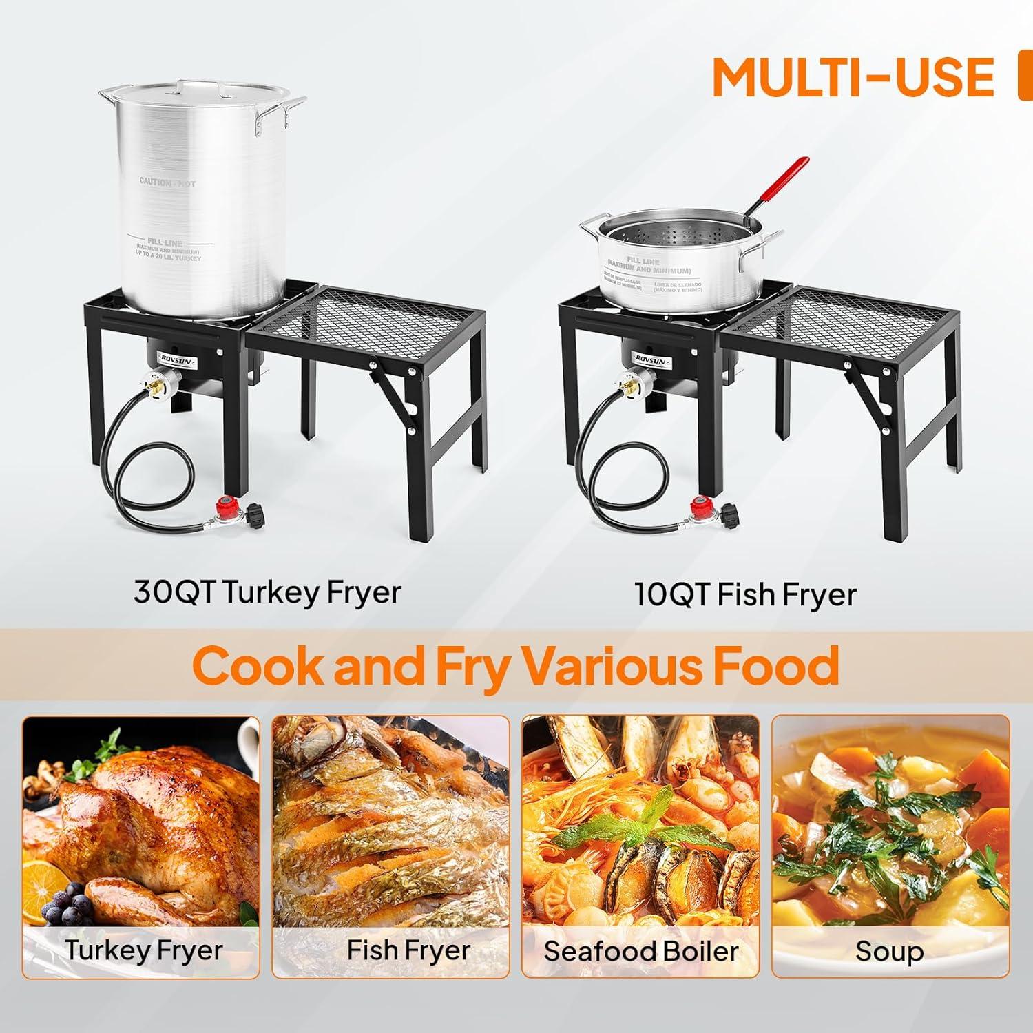 ROVSUN 30QT Turkey Fryer & 10QT Fish Fryer with 55000BTU Propane Burner, Outdoor Deep Fryer & Seafood Crawfish Boiler Steamer Pot with Thermometer, Marinade Injector, Turkey Rack & Rack Lifter