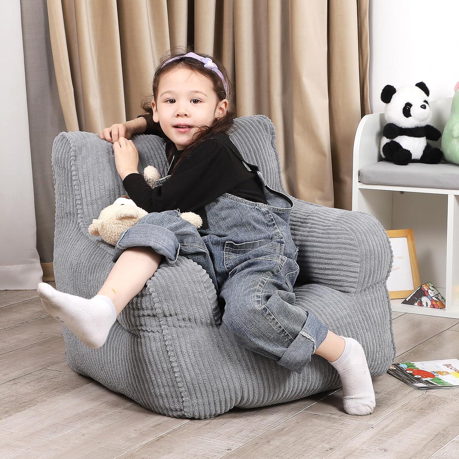 Grey Kids Bean Bag Chair with Plush Bear and Soft Fabric