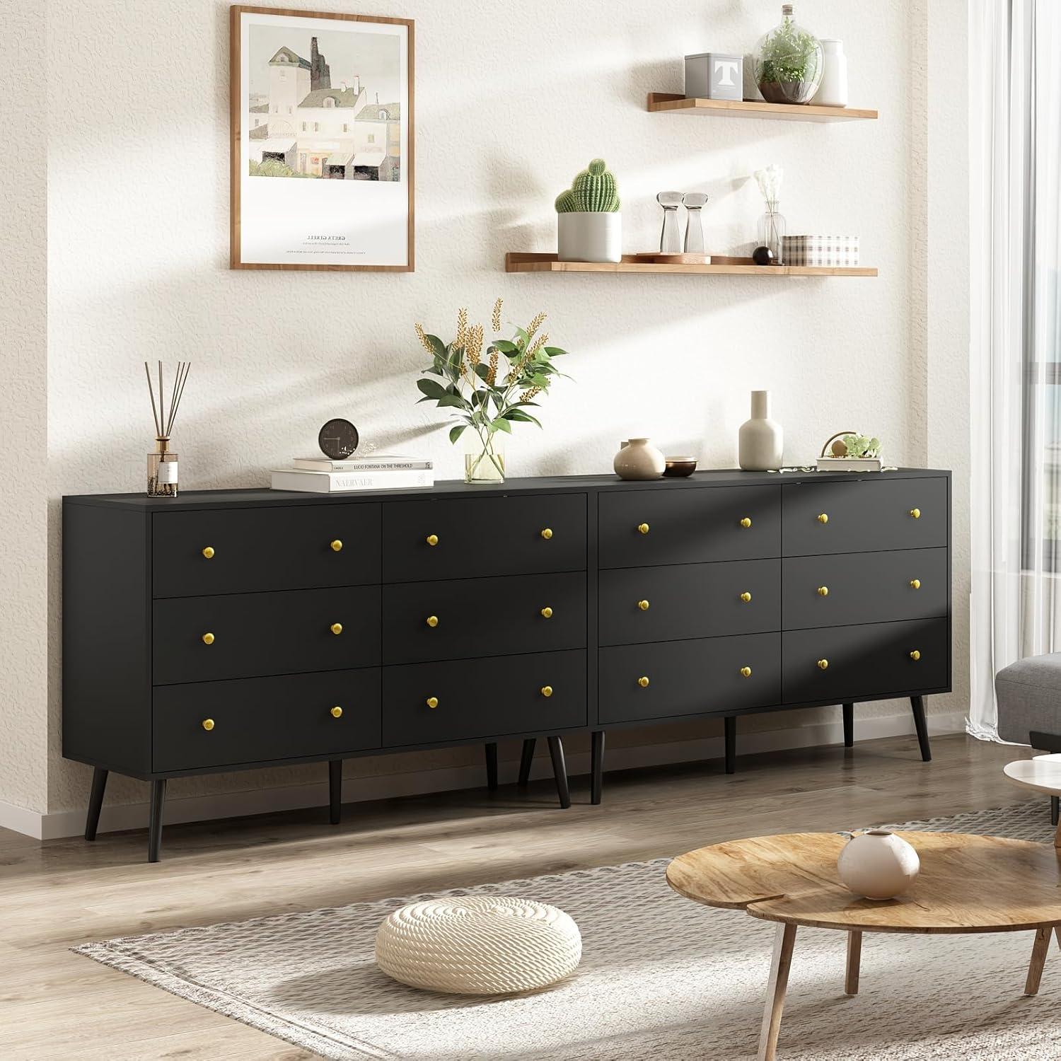 Black Dresser for Bedroom, Modern 6 Drawer Dresser, Wide Chest of Drawers with Gold Handles, Wood Double Dresser Storage Cabinet for Living Room, Bedroom, Hallway