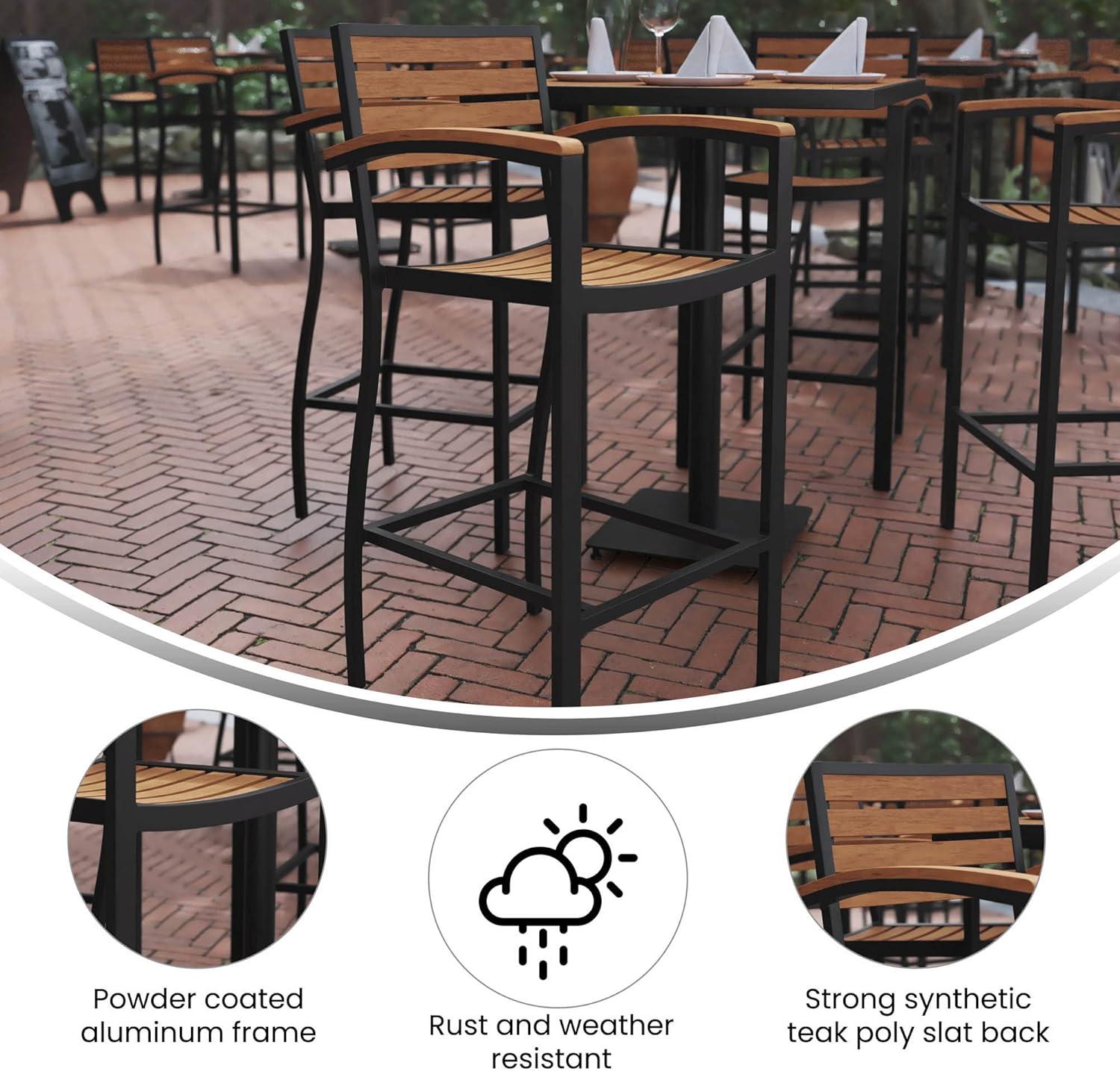 Flash Furniture Lark Commercial Grade Bar Height Stool with Arms, All-Weather Outdoor Bar Stool with Faux Wood Poly Resin Slats and Aluminum Frame