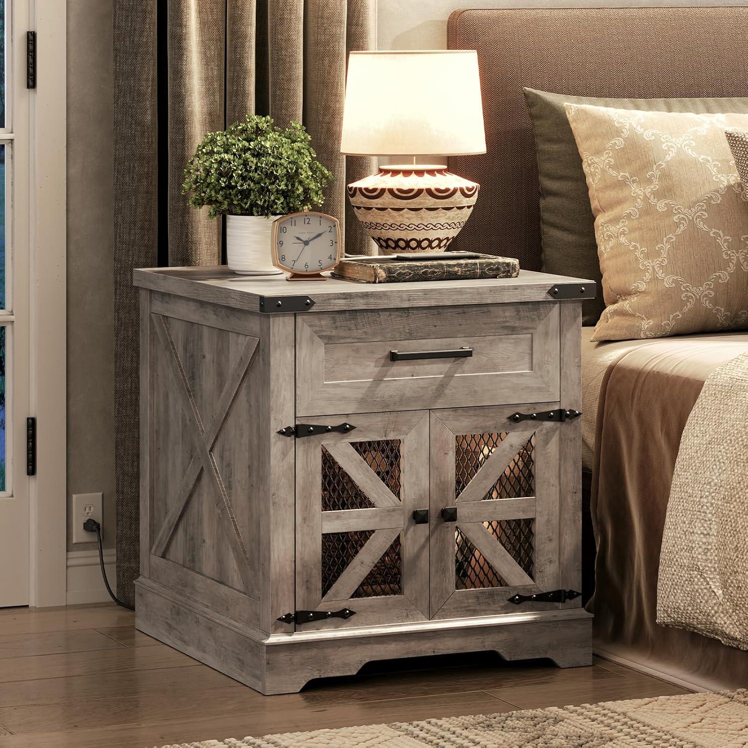 Rustic Gray Wood Farmhouse End Table with Charging Station