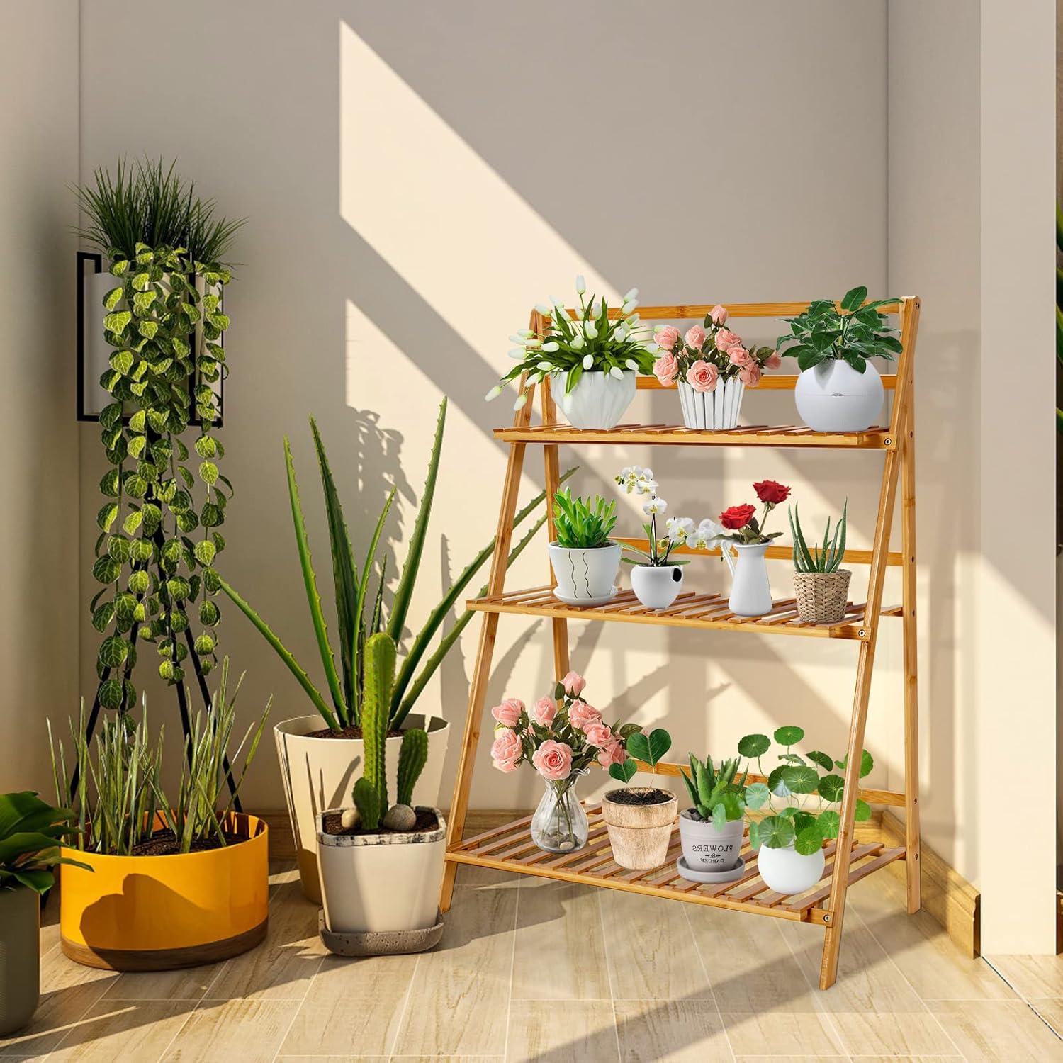 Costway Bamboo Ladder Plant Stand 3-Tier Foldable Flower Pot Display Shelf Rack Natural