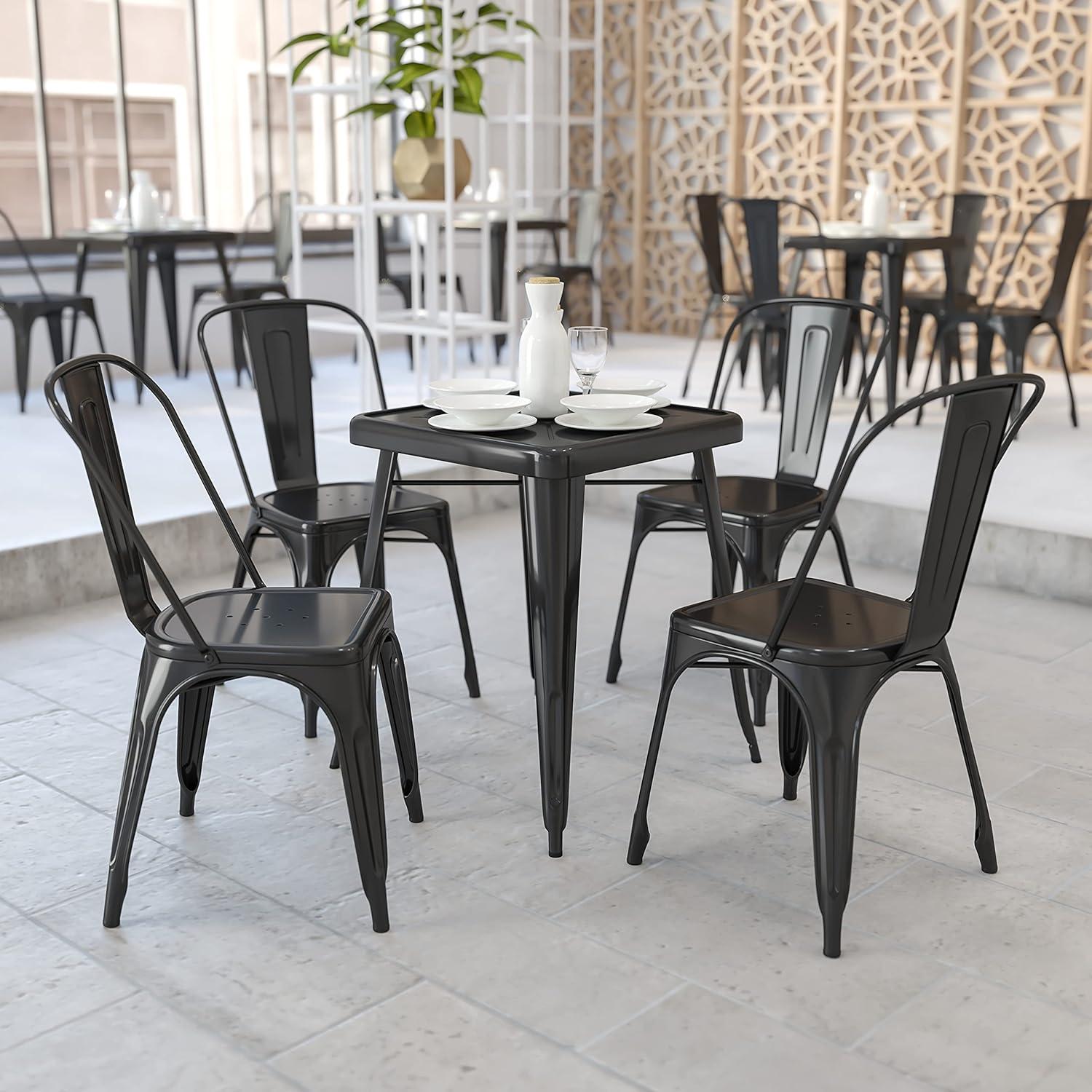 Flash Furniture Commercial Grade 23.75" Square Black Metal Indoor-Outdoor Table Set with 2 Stack Chairs