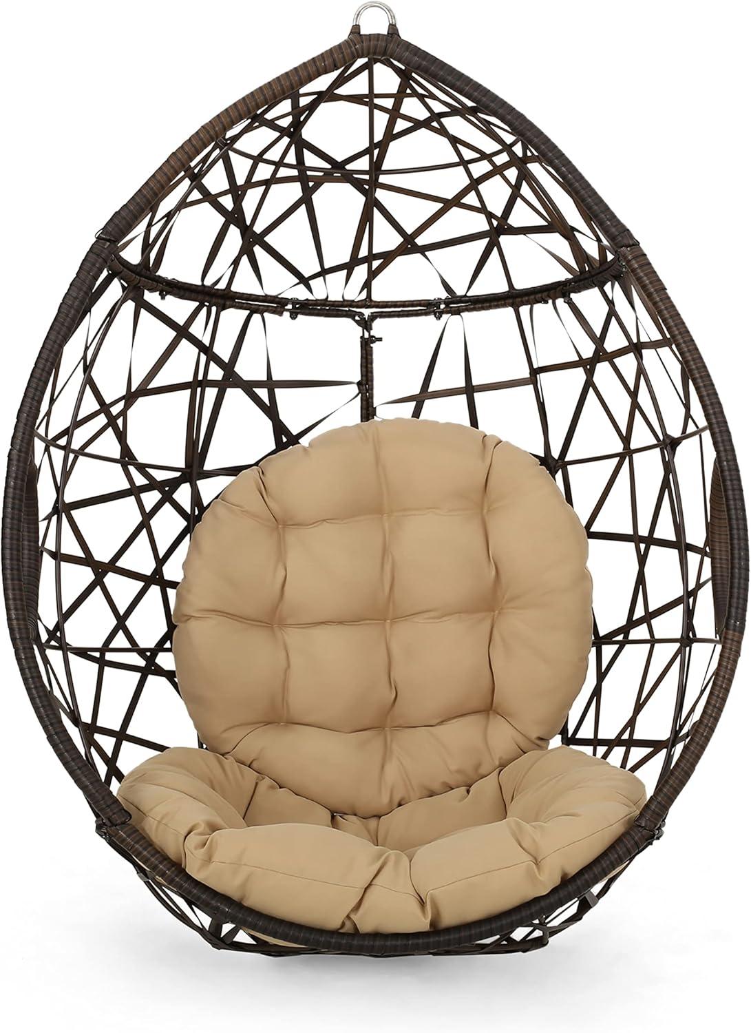 Cayuse Wicker Tear Drop Hanging Chair - Brown/Tan - Christopher Knight Home: Outdoor Patio Swing with Cushion