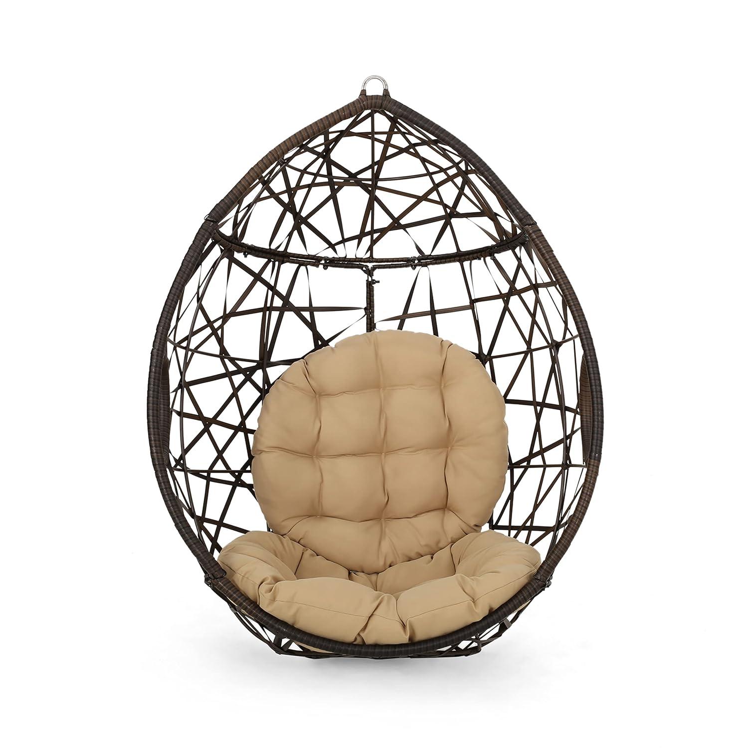 Cayuse Wicker Tear Drop Hanging Chair - Brown/Tan - Christopher Knight Home: Outdoor Patio Swing with Cushion