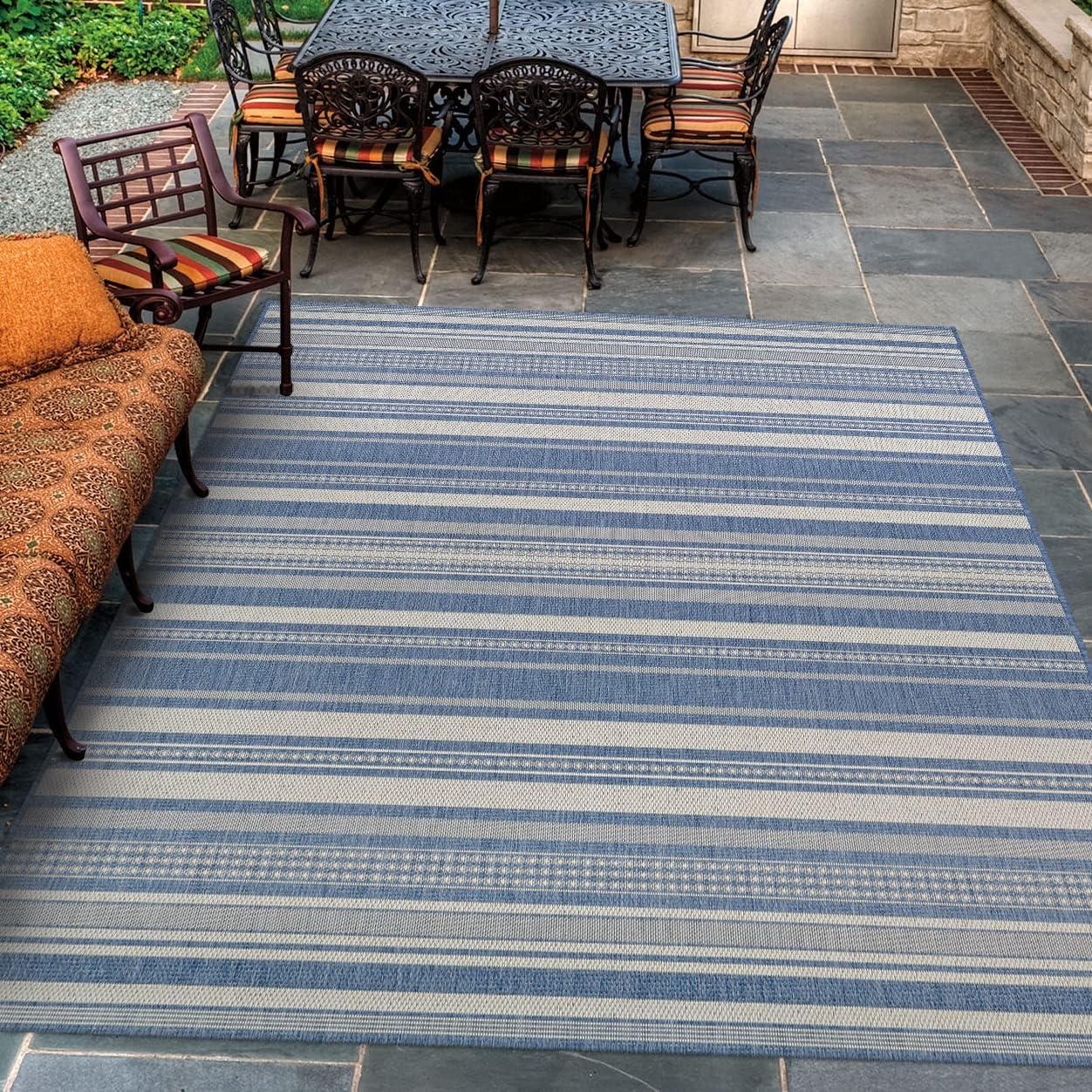 Champagne and Blue Striped 5' x 7' Flat Woven Area Rug