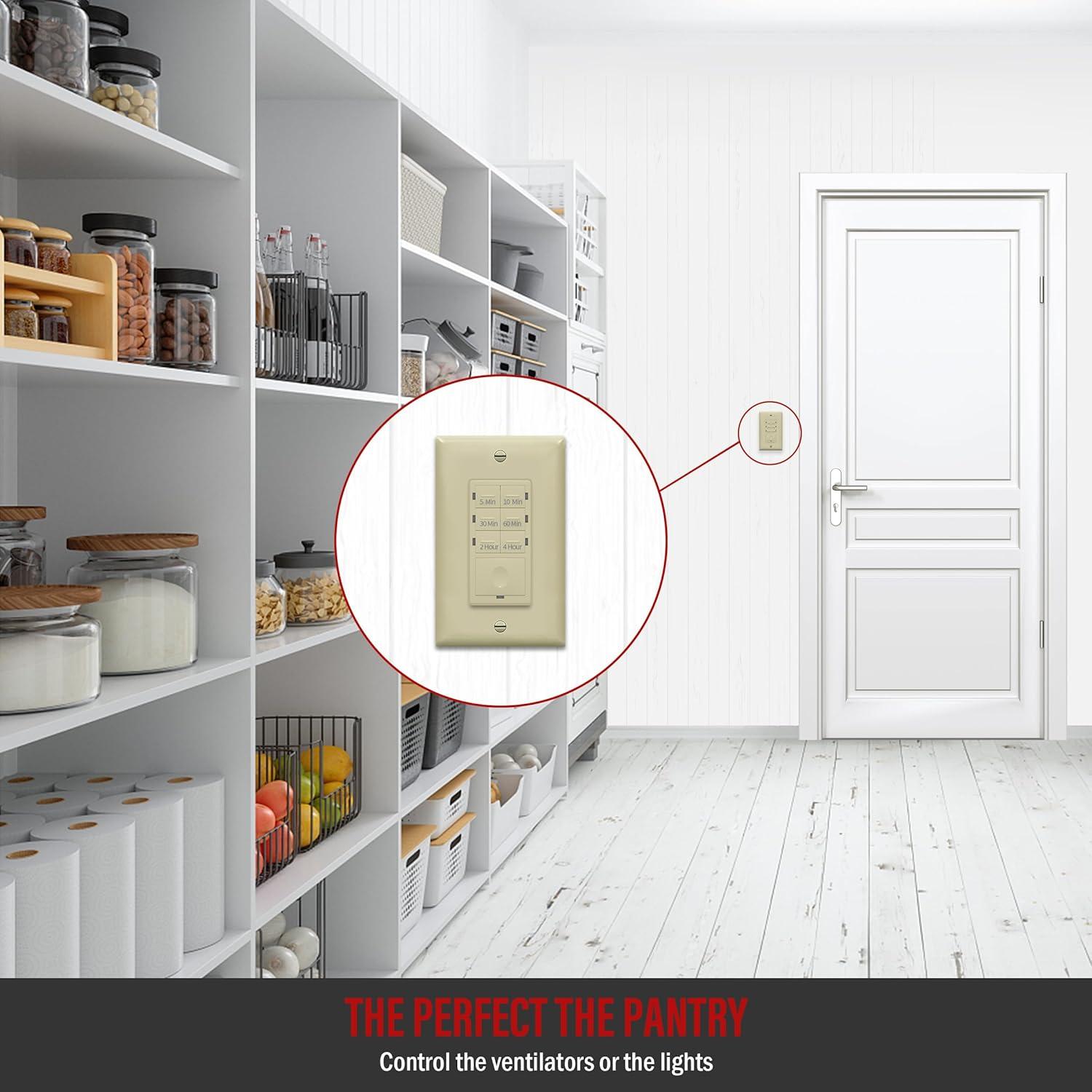 ENERLITES 4-Hour Countdown Timer Switch, 5-10-30-60 Min, 2-4 Hour, for Bathroom Fans, Heaters, Lights, LED Indicator, 120VAC 800W, No Neutral Wire Required, UL Listed, HET06-J-I, Ivory