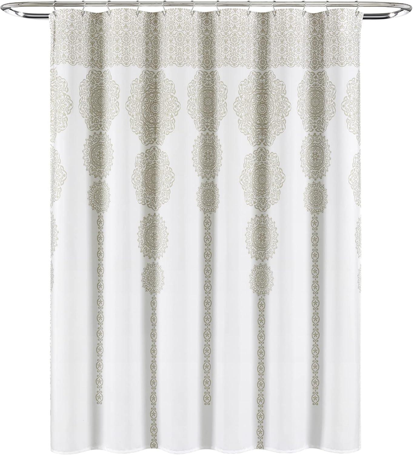 Lush Decor Stripe Medallion Shower Curtain-Fabric Mandala Bohemian Damask Print Design, 72" x 72", Neutral