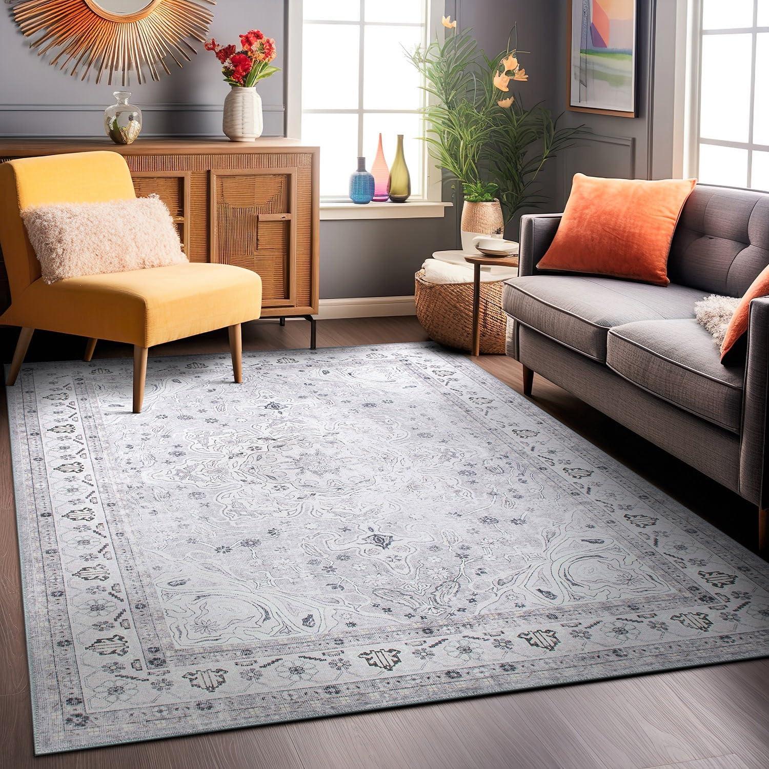 World Rug Gallery Transitional Medallion Machine Washable 7'7"x9'6" Gray Area Rug:  Stain-Resistant,  Flat Pile,  Indoor Use