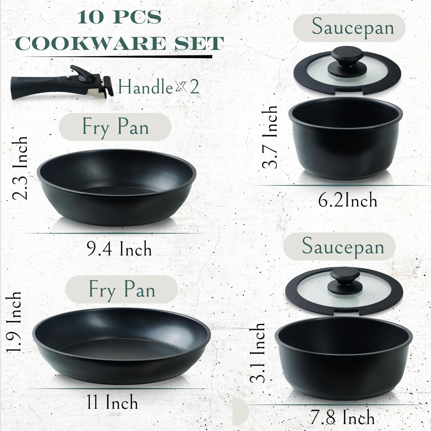 Moss & Stone 10pcs Black Pots and Pans Set Non Stick, Cookware Sets Detachable Handle, RV Kitchen Set Removable Handle, Oven Safe, Induction Ready, Stackable Non-stick Set, Camping Cookware Set