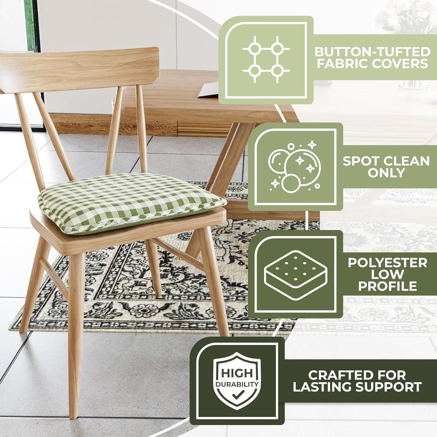 Non-Slip Tufted Chair Cushions for Dining Room, Kitchen and Office Use, U-Shaped Skid-Proof Seat Pad, 15x16 Inches, 4 Pack, Gingham Pine