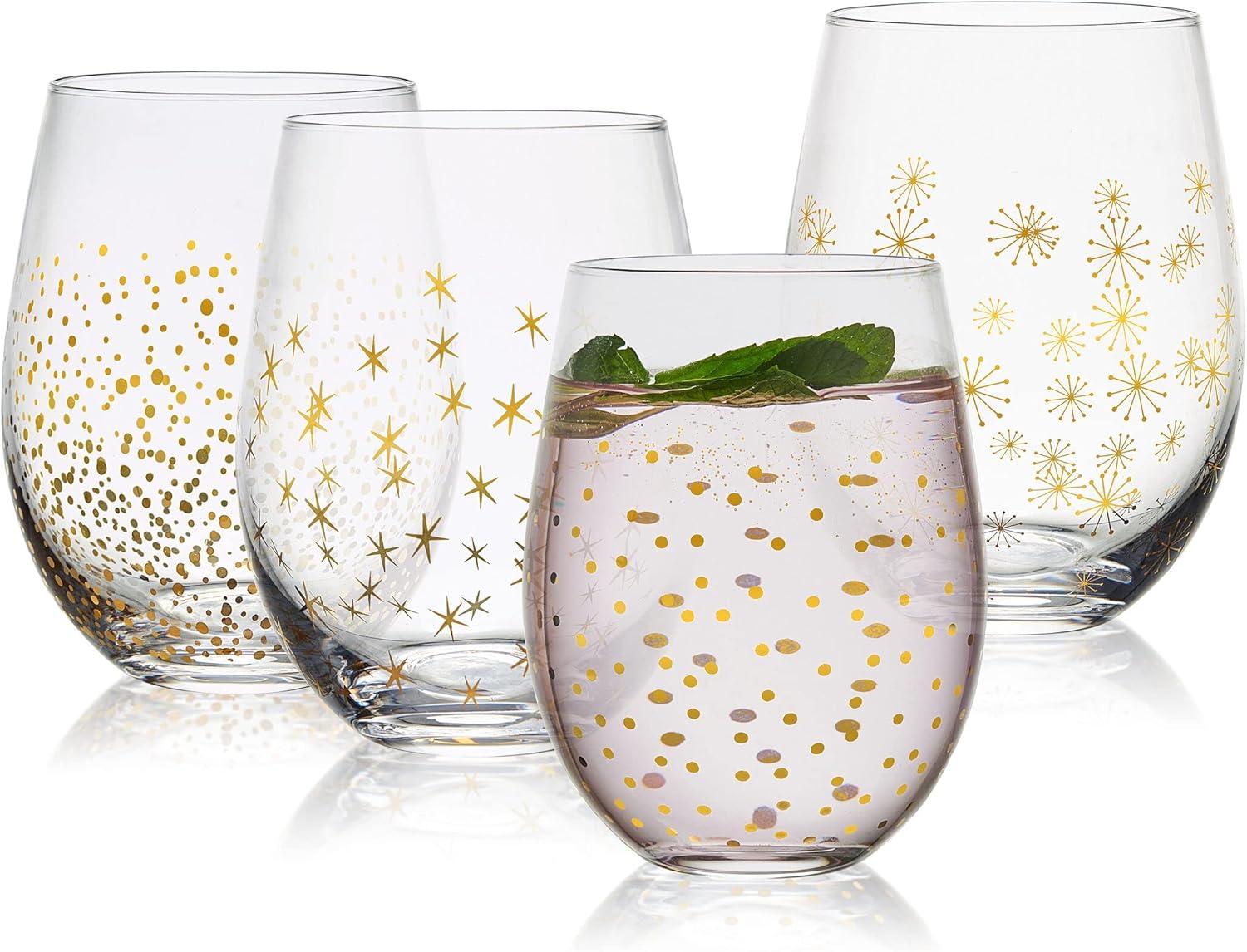 Gold and Silver Glitter Stemless Wine Glasses Set of 4