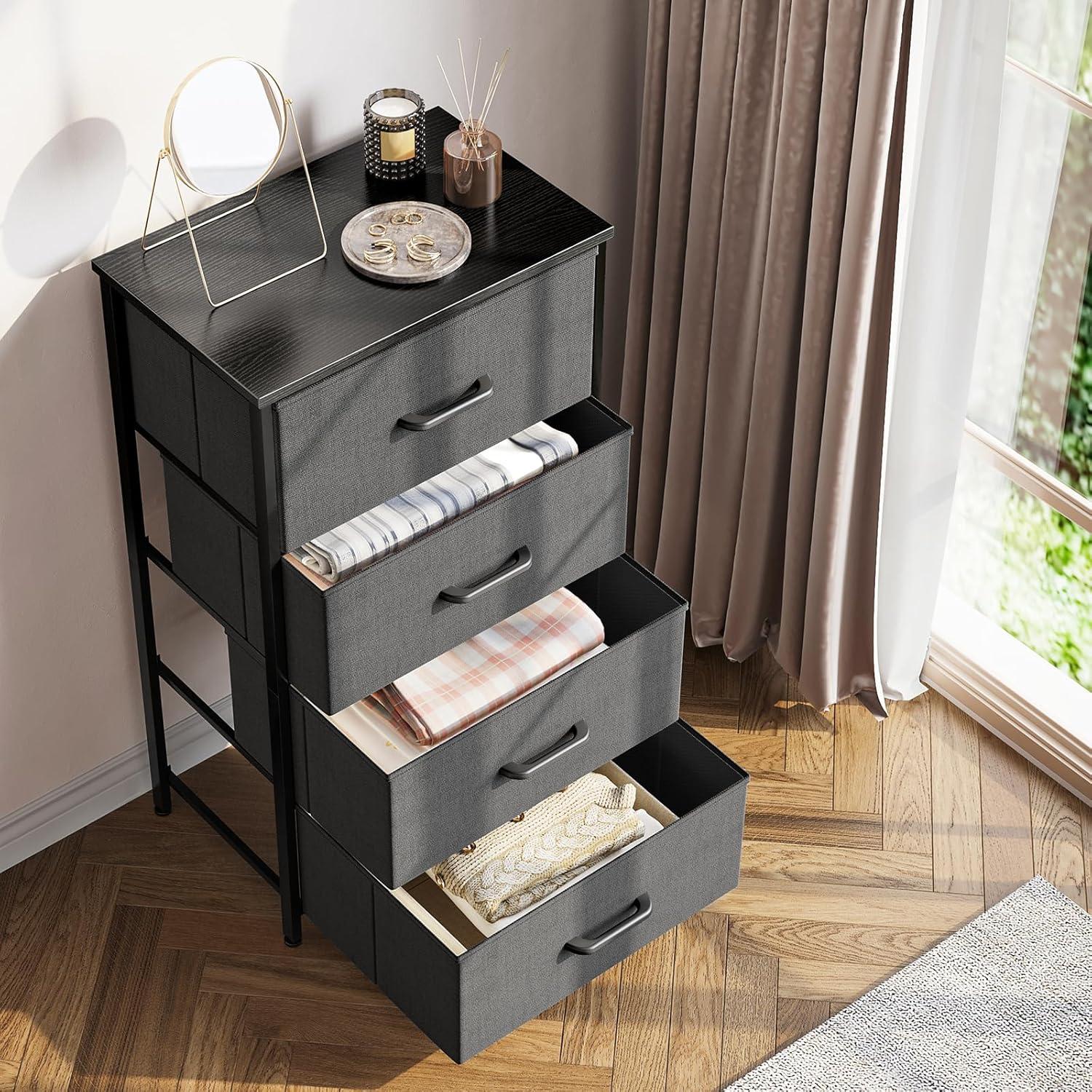 Dresser for Bedroom with 4 Storage Drawers, Small Dresser Chest of Drawers Fabric Dresser with Sturdy Steel Frame, Dresser for Closet with Wood Top, Dark Grey