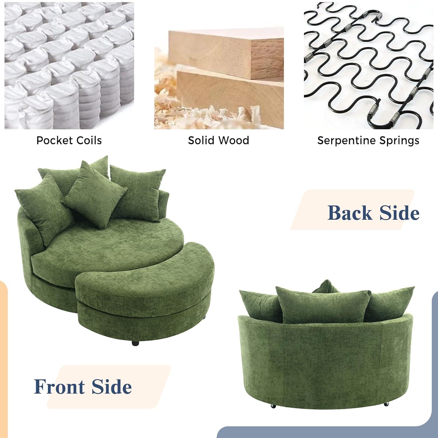 DEINPPA Swivel Round Barrel Chair with Storage Ottoman and 4 Movable Pillow Backrest, 360° Round Rotating Sofa Chair for Living Room, Hotel, Bedroom, Office, Lounge (Green + Chenille+ Foam)