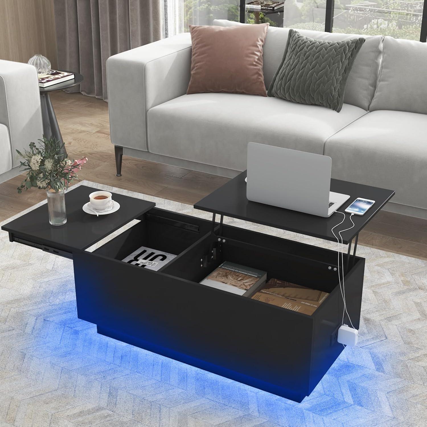 Black MDF Lift-Top Coffee Table with LED Lights and Storage