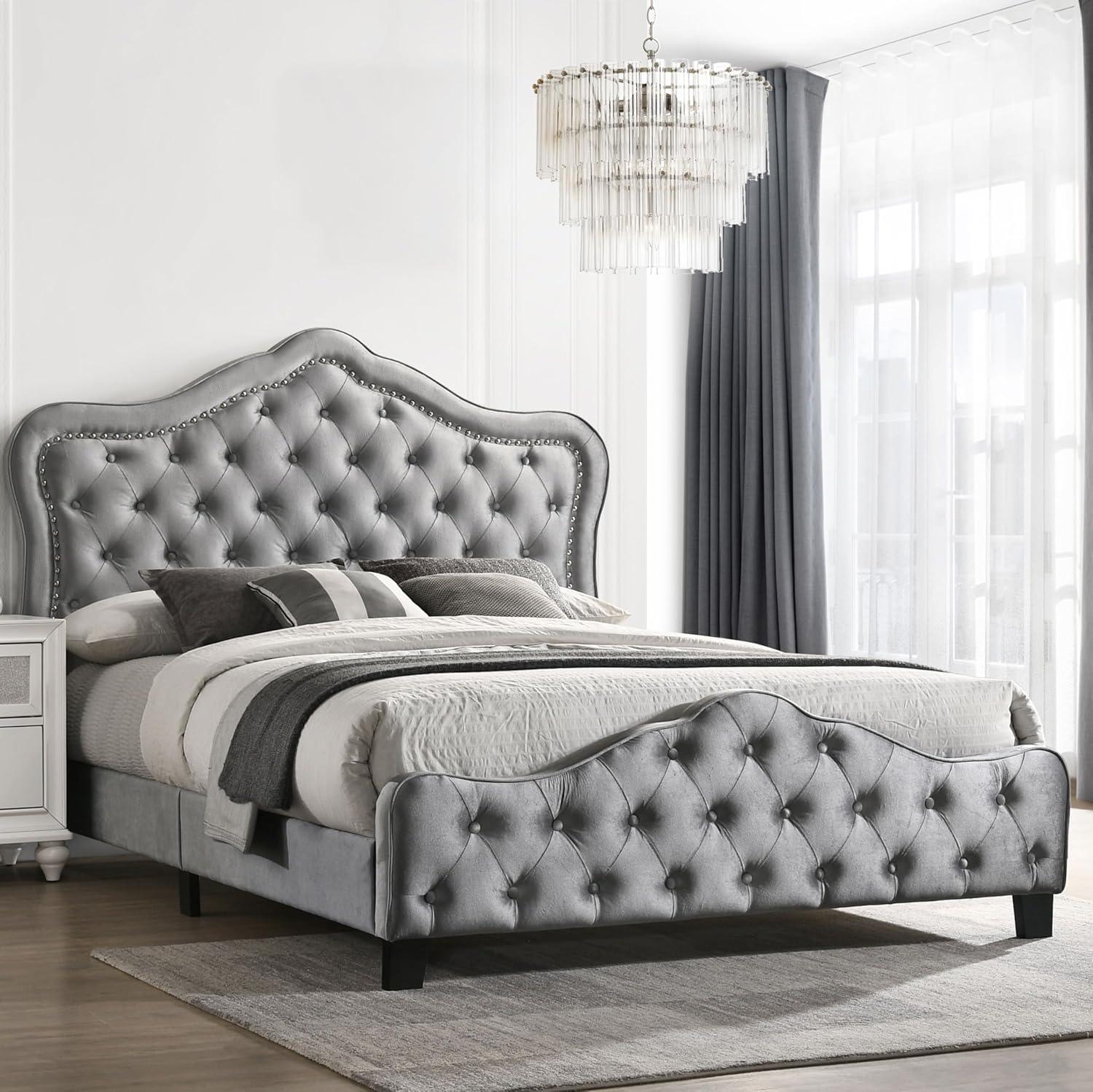 Bella Upholstered Tufted Panel Bed Grey