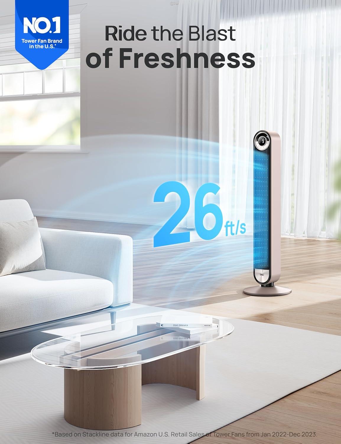 42-Inch Silver Bladeless Oscillating Smart Tower Fan