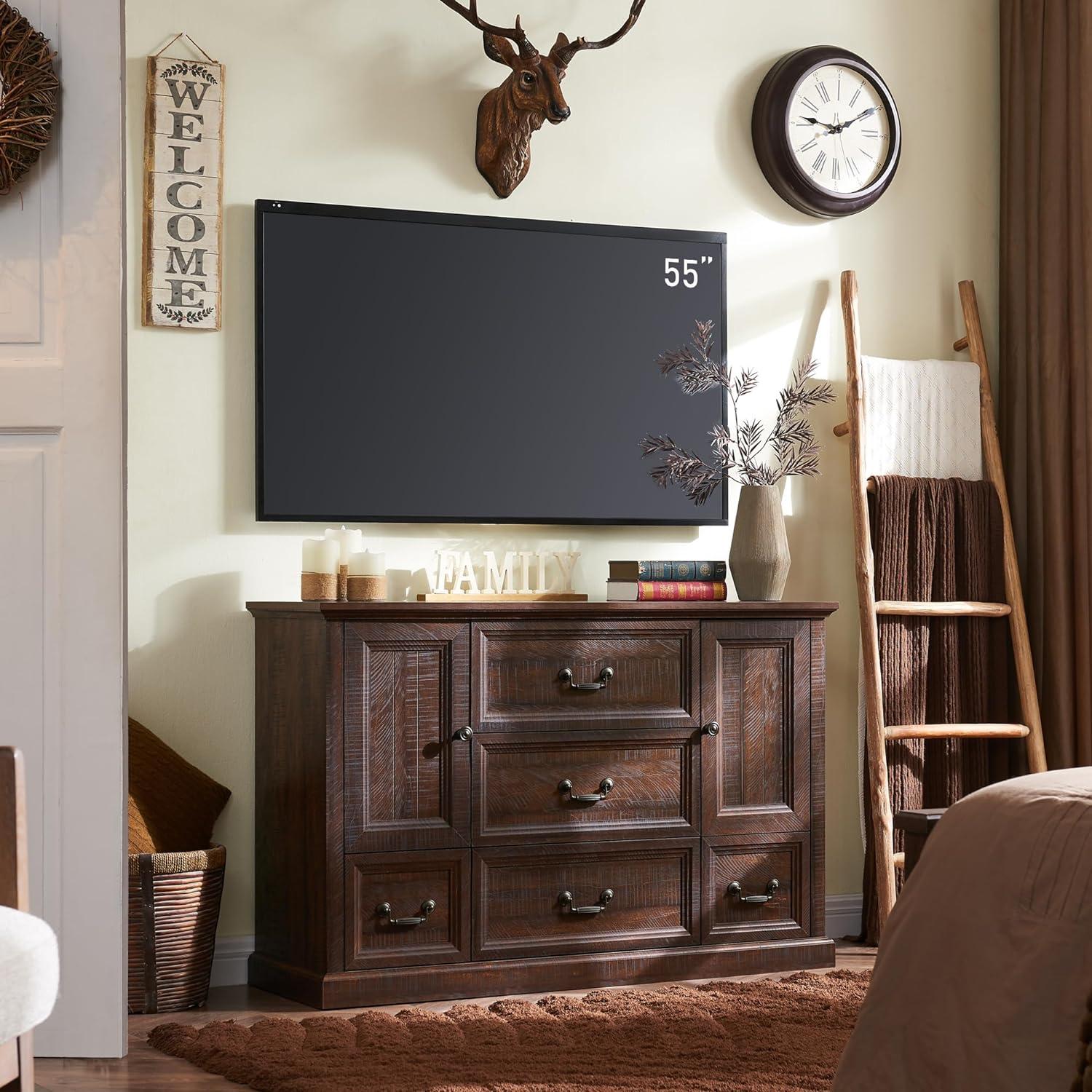 Odhin 47" Buffet Cabinet w/5 Drawers, Rustic Wood Sideboard Cabinet w/Groove Barn Door