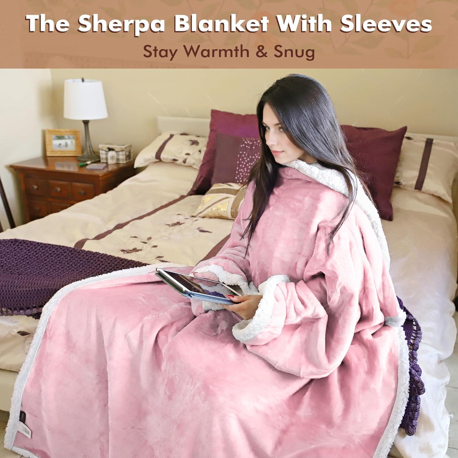 Tirrinia Sherpa Pink Wearable Blanket for Adult Women, Men, Girlfriend, Super Soft Comfy Warm Plush Reading Throw with Sleeves TV Blanket Wrap Robe Cover for Sofa, 72" x 55"