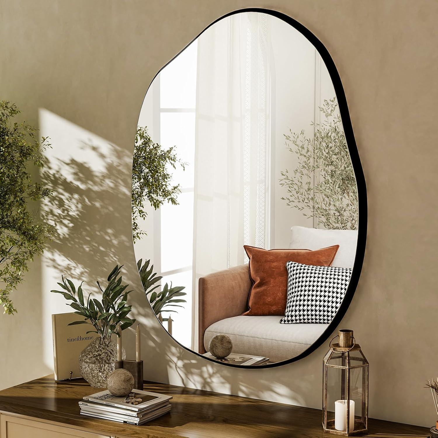 HARRITPURE Irregular Wall Mirror 26"x38" Black Asymmetrical Bathroom Mirror Wood Framed Modern Decorative Vanity Mirrors for Bedroom Living Room Entryway