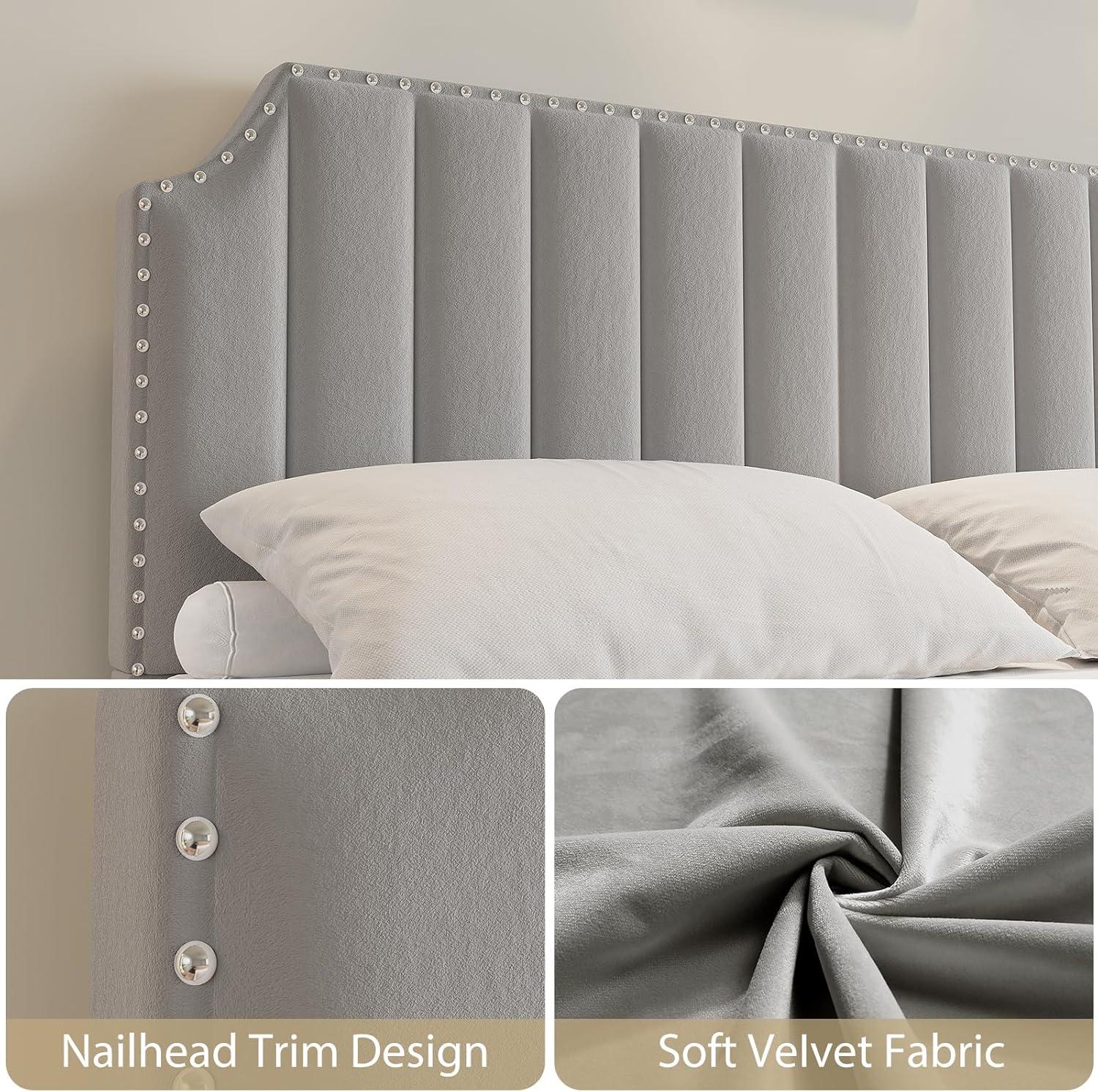 Queen Size Platform Bed Frame with 50.2" Headboard, Velvet Upholstered Bed Frame Queen with Vertical Channel Tufted Headboard & Footboard,Light Gray