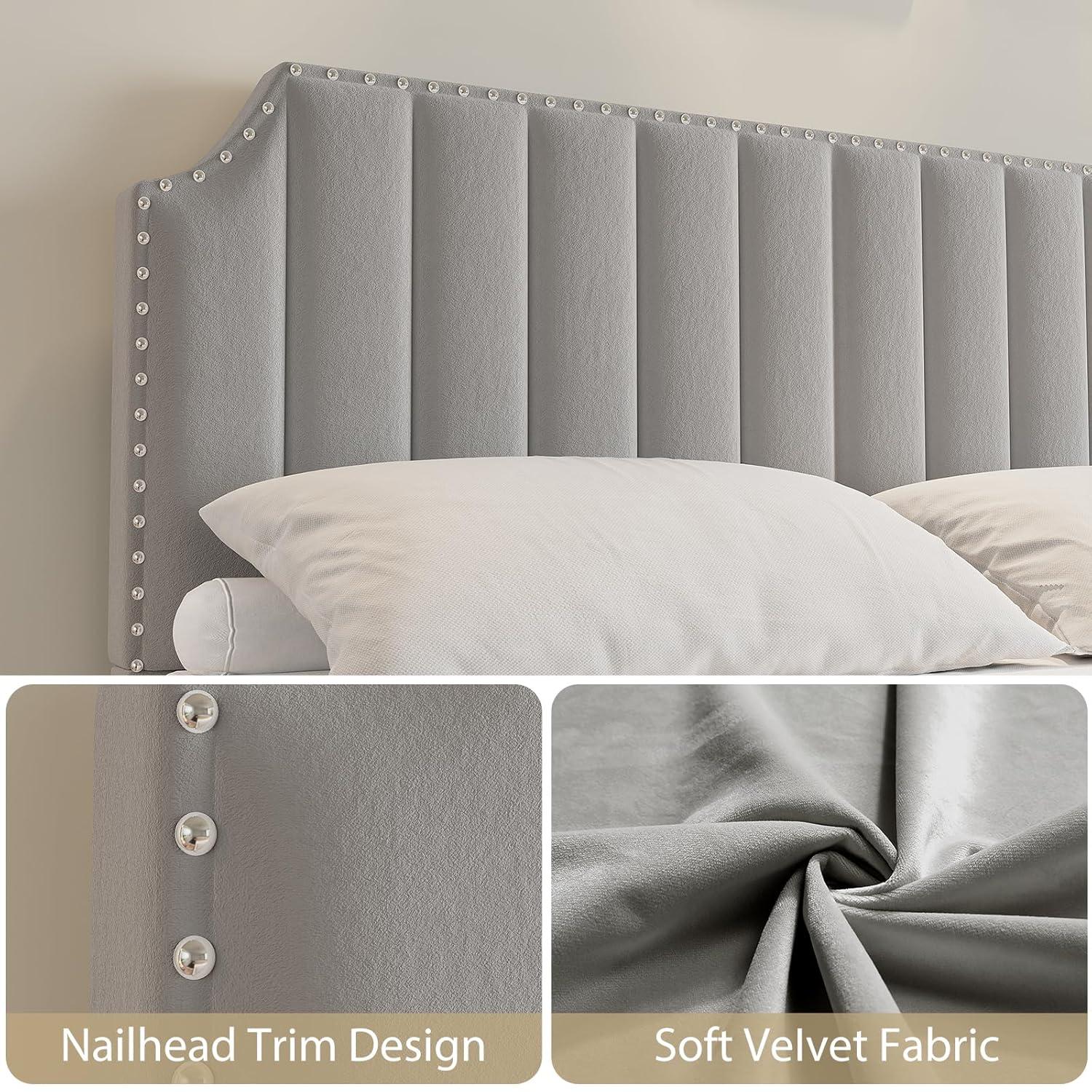 Garvee Queen Velvet Bed Frame, 50.2" Upholstered Headboard, Footboard with Nailhead Trim, No Box Spring Needed, Solid Wood Slats, Noise Free, Beige