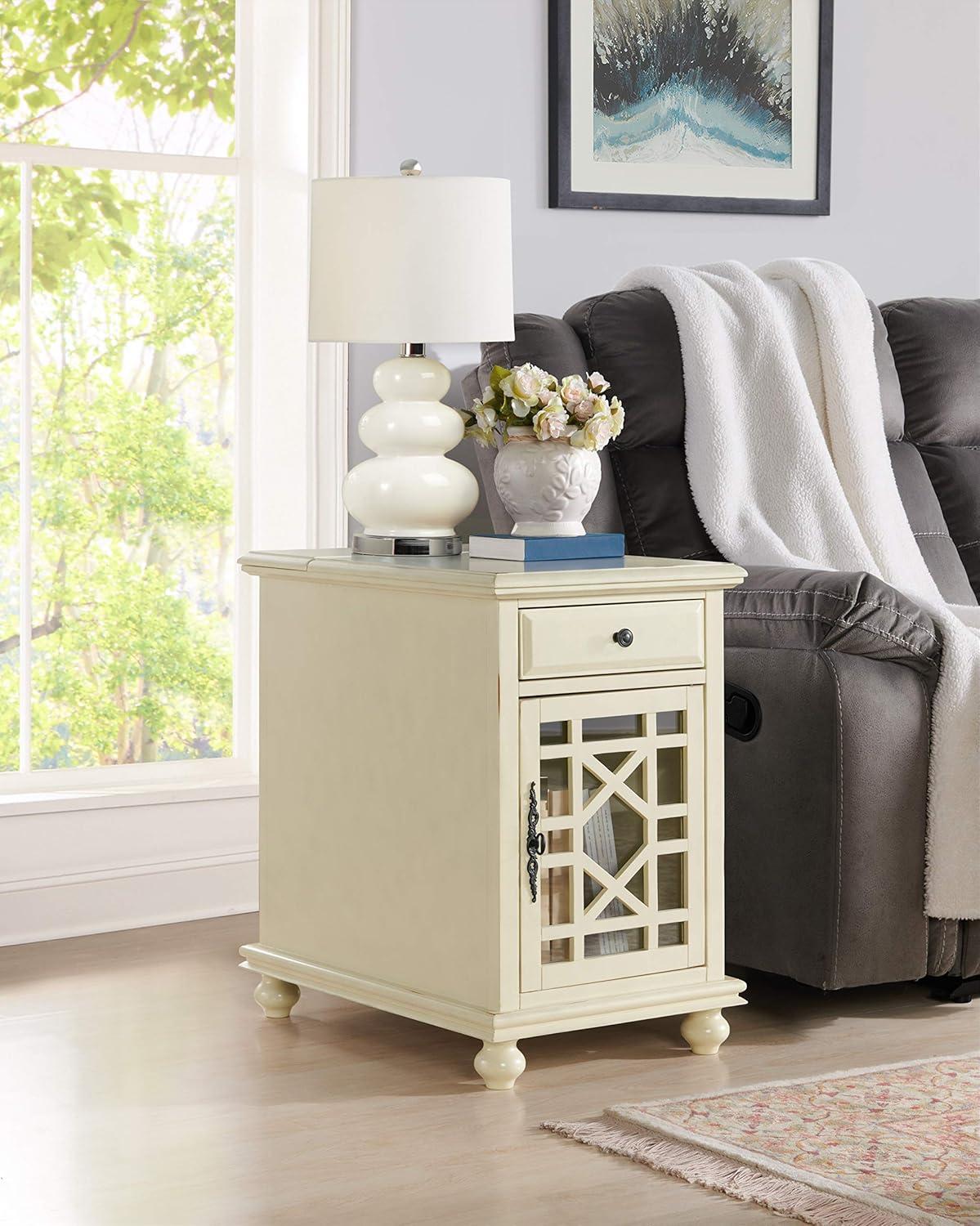 Chairside Table with 1 Drawer and 1 Trellis Door, Antique White- Saltoro Sherpi