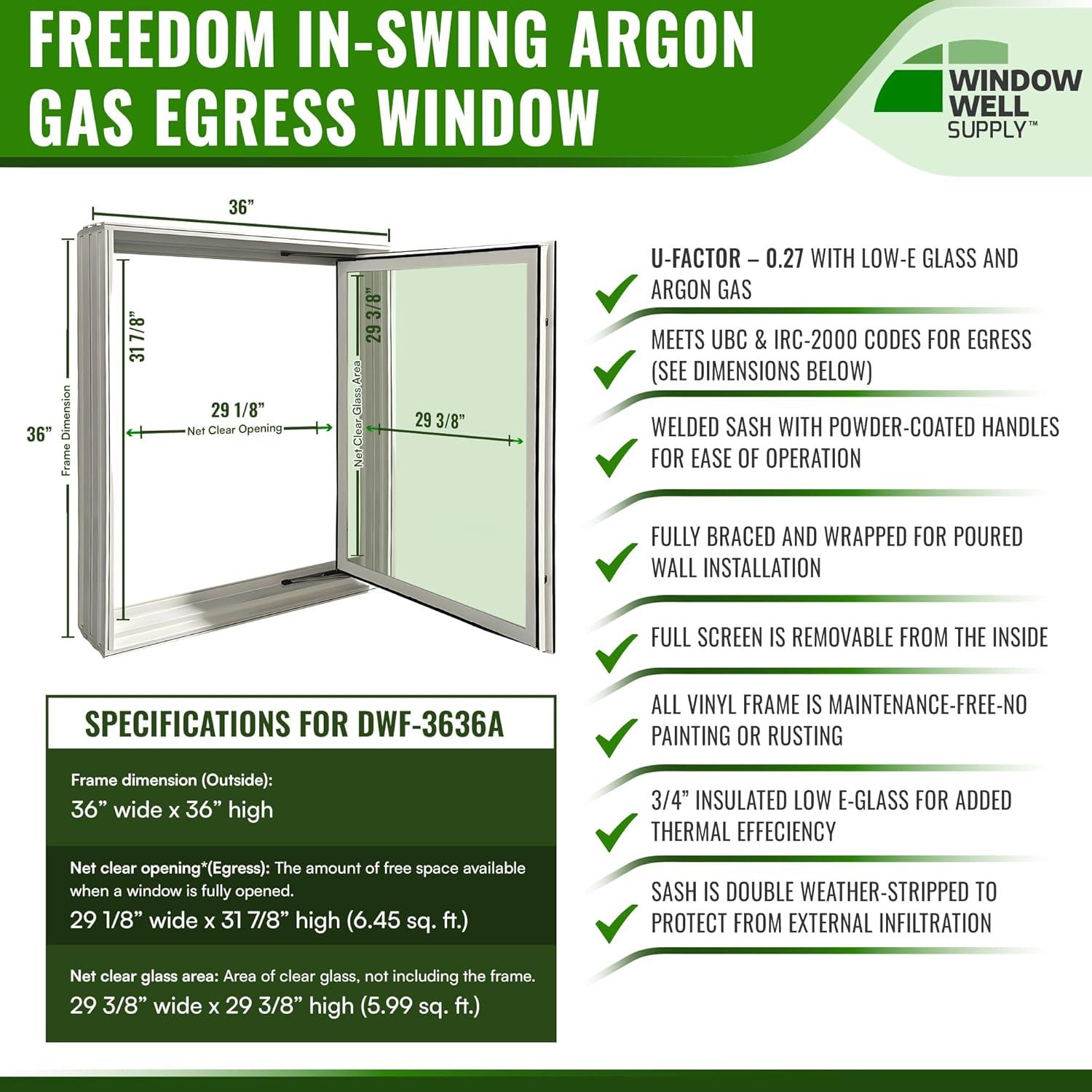 White Vinyl 36" x 36" In-Swing Casement Egress Window