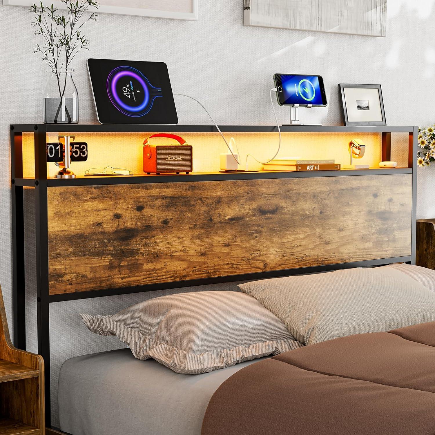 Ivy Bronx Kaiwei Storage Headboard With Led Lights & Charging Station - Industrial Metal And Wood