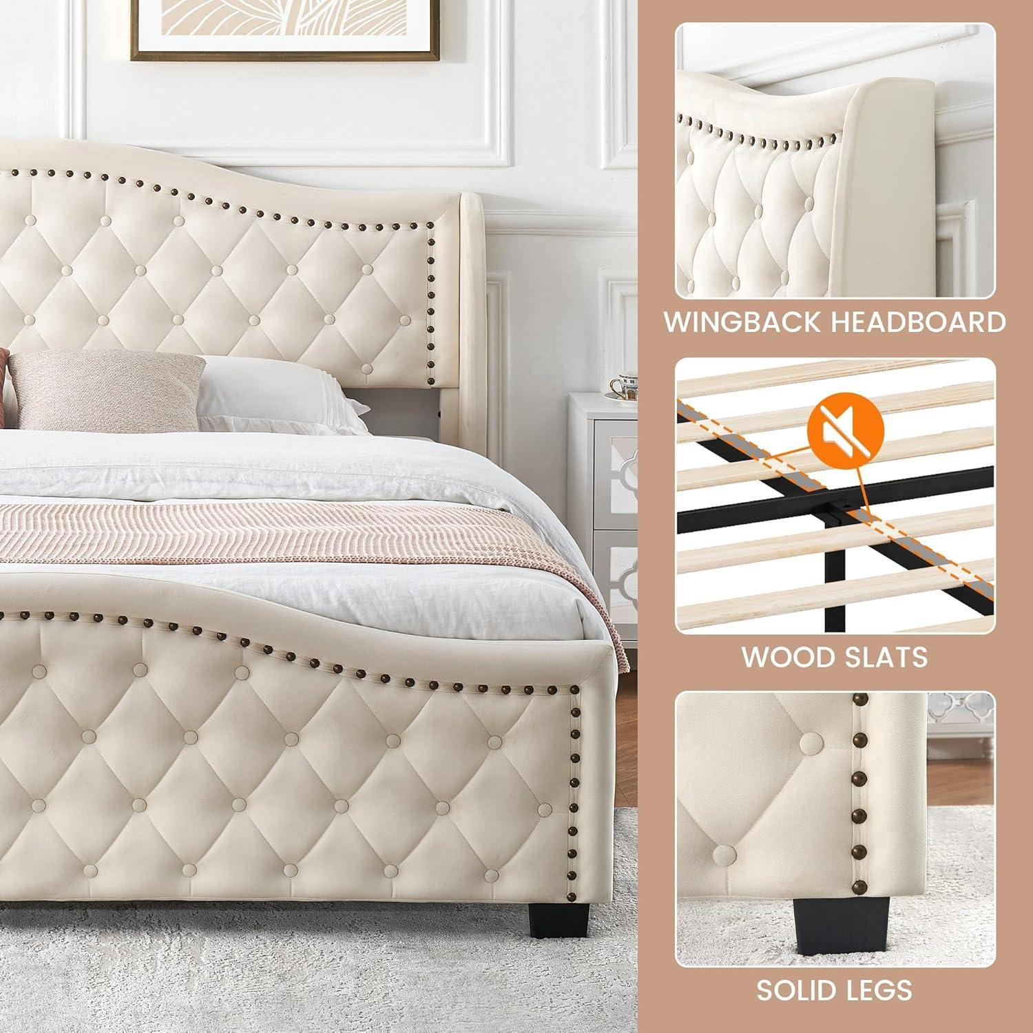 Tookss Queen/King Size Upholstered Platform Bed Frame with Tall Headboard, Luxurious Velvet Button Tufted and Nailhead Trim Wingback, Arched Footboard, No Box Spring Needed, Beige