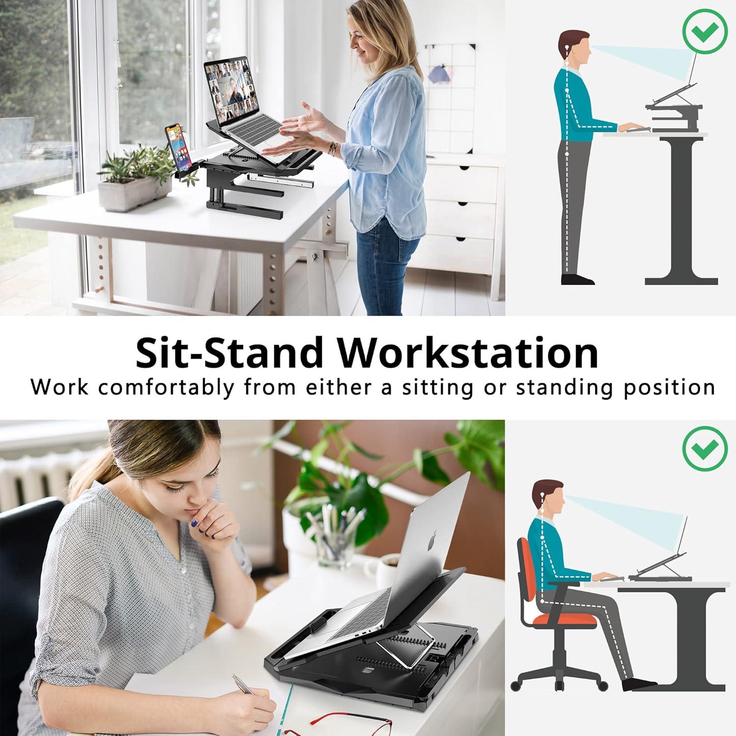 AboveTEK Laptop Stand, 20 Angles Two-Layer Height Adjustable Laptop Stands, Portable Laptop Riser with 360 Rotating Base Storage Space & Extra Phone Holders Compatible with 10''-17'' Laptops Black
