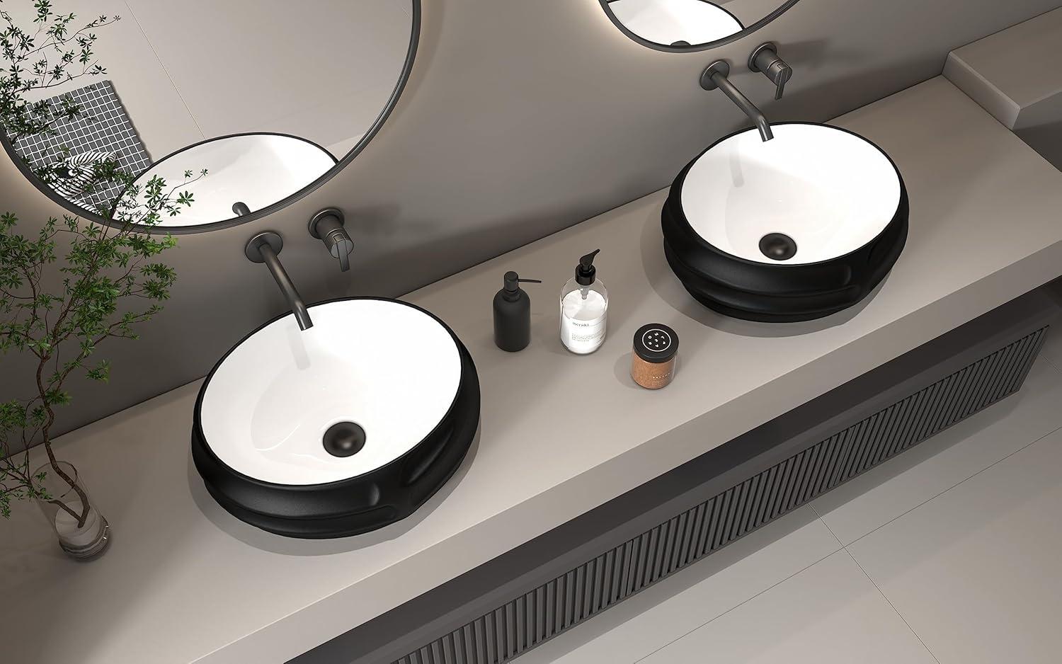 MEJE 18 Inch Oval Art Basin with Embossed Pattern, Matte Black Color, Countertop Bathroom Vessel Sink, Above Counter Porcelain Ceramic Vanity Sink (Include pop up drain)