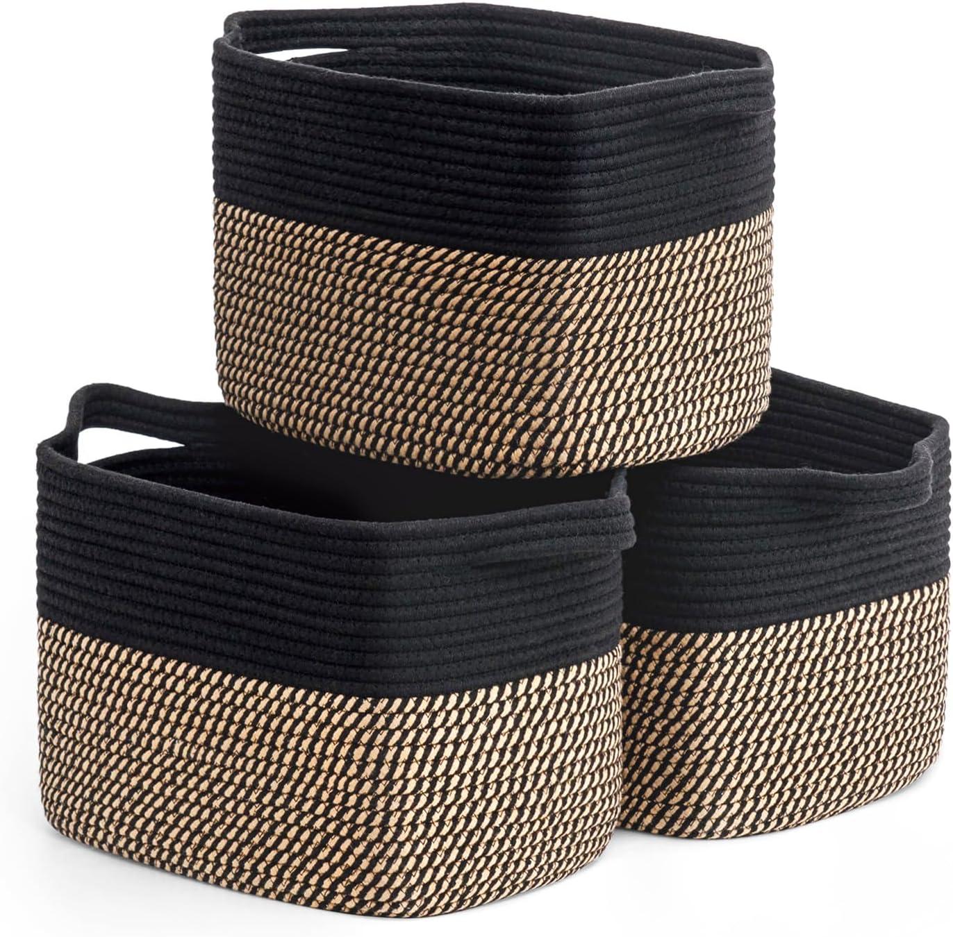 Black and Beige Woven Rope Basket Set with Rattan Handles