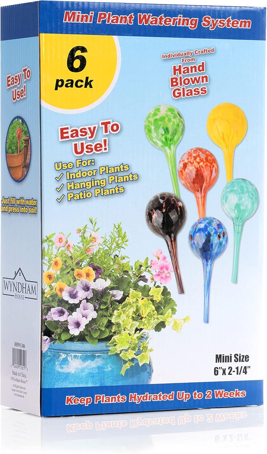 Wyndham House, 6 Piece Small Watering Globe Set, Colorful Hand-Blown Glass Plant Watering System