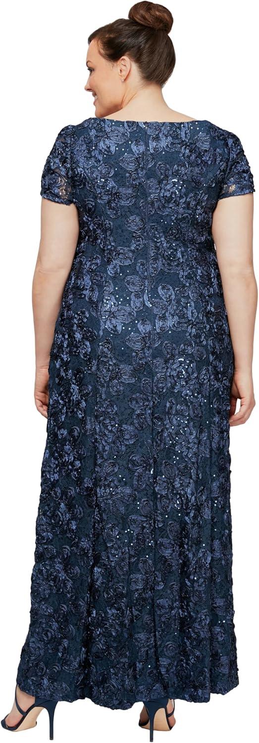 Navy Floral Lace Sequin Maxi Dress with Short Sleeves