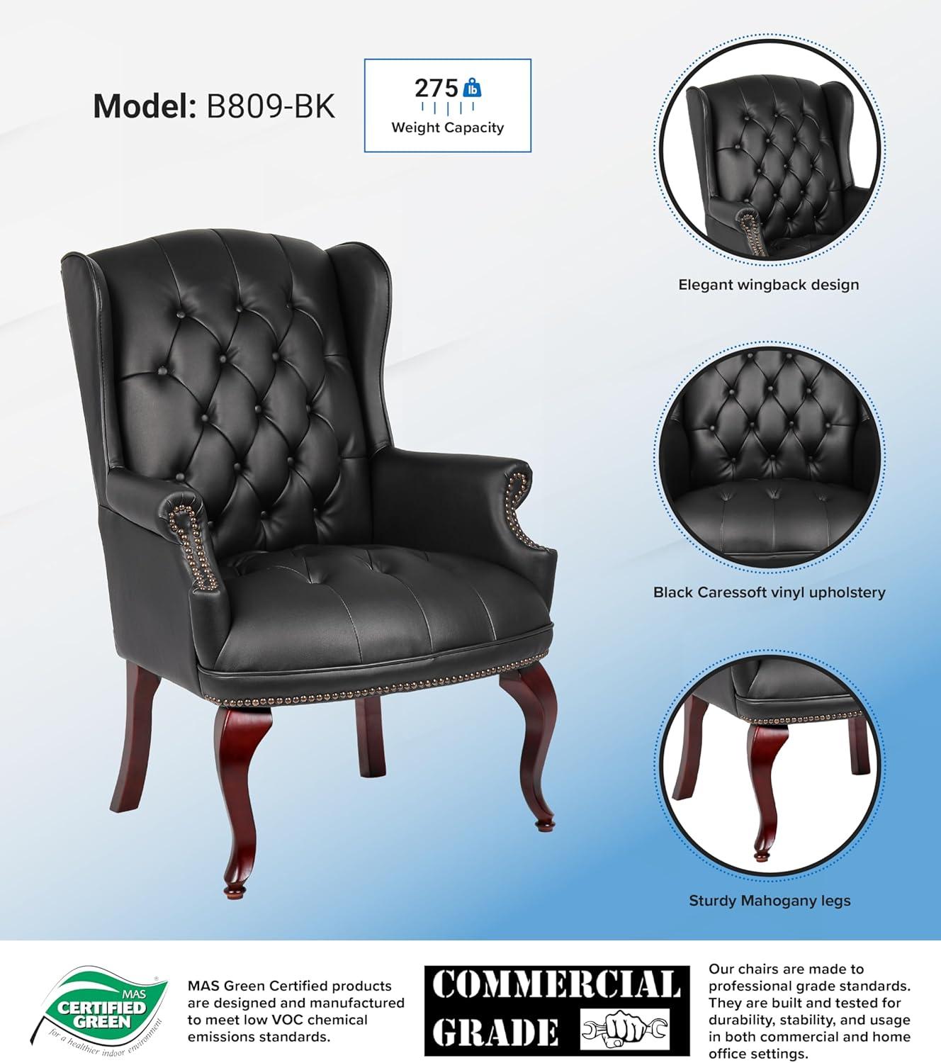 Wingback Traditional Guest Chair Black - Boss Office Products: Elegant Tufted Design, Nailhead Trim, Hardwood Frame