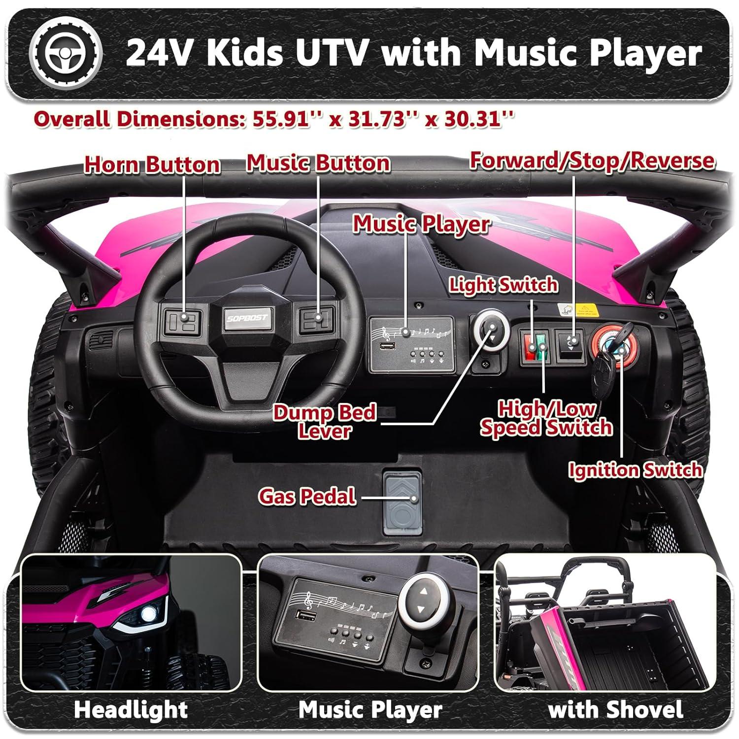 DreamDwell Home 4 Wheels 24V Ride on Dump Truck Toys 2 Seater Kids Ride On UTV Car with Remote Control,Electric Dump Bed