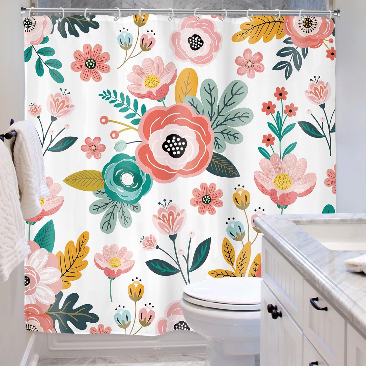Red Barrel Studio® Pink Floral Shower Curtain For Bathroom Decor 72Wx72h Watercolor Colorful Flower Tropical Leaves Spring Botanical Sage Green Art Printed Fabric Polyester Waterproof 12 Pack Plastic Hooks