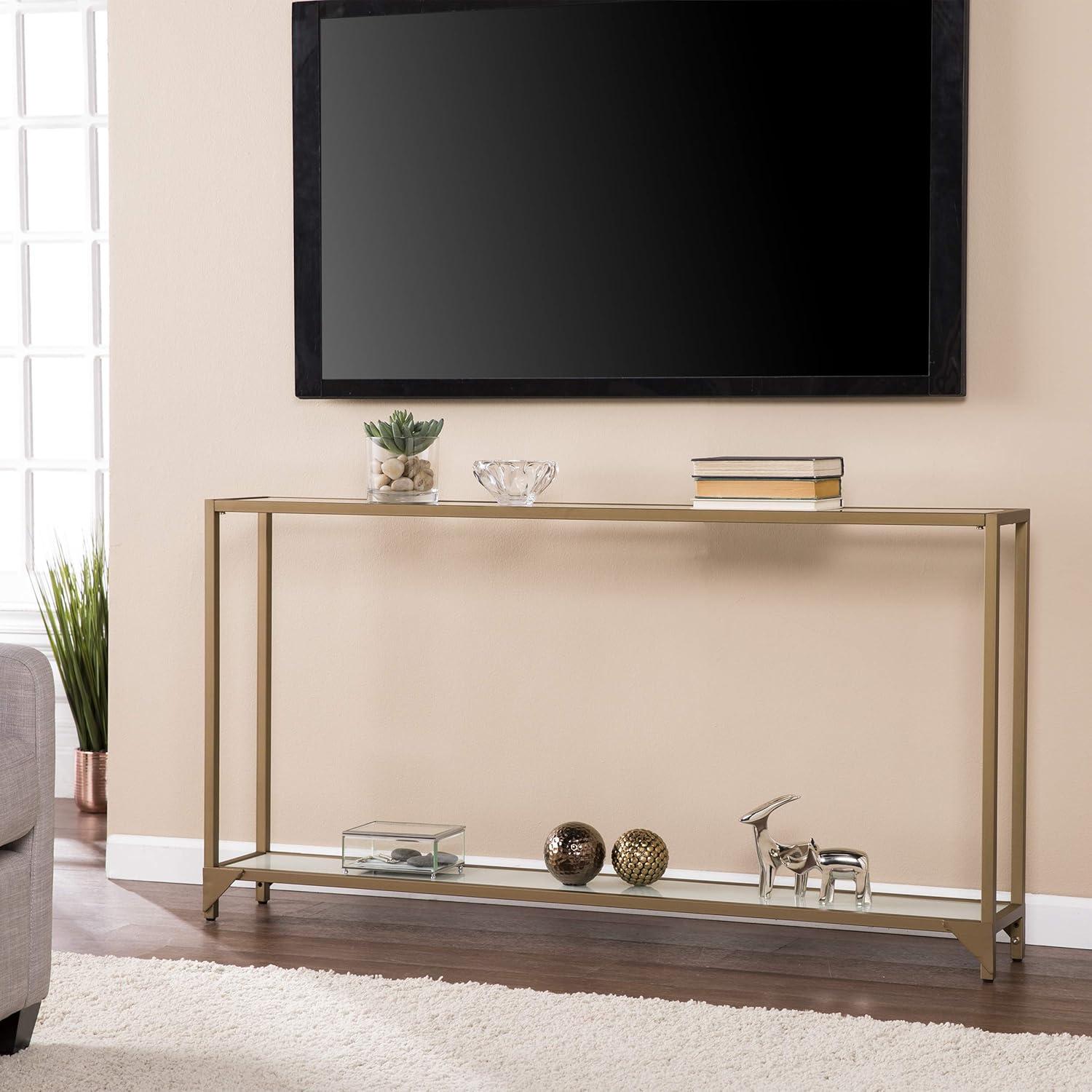 Gold Metal and Glass Console Table with Storage Shelves