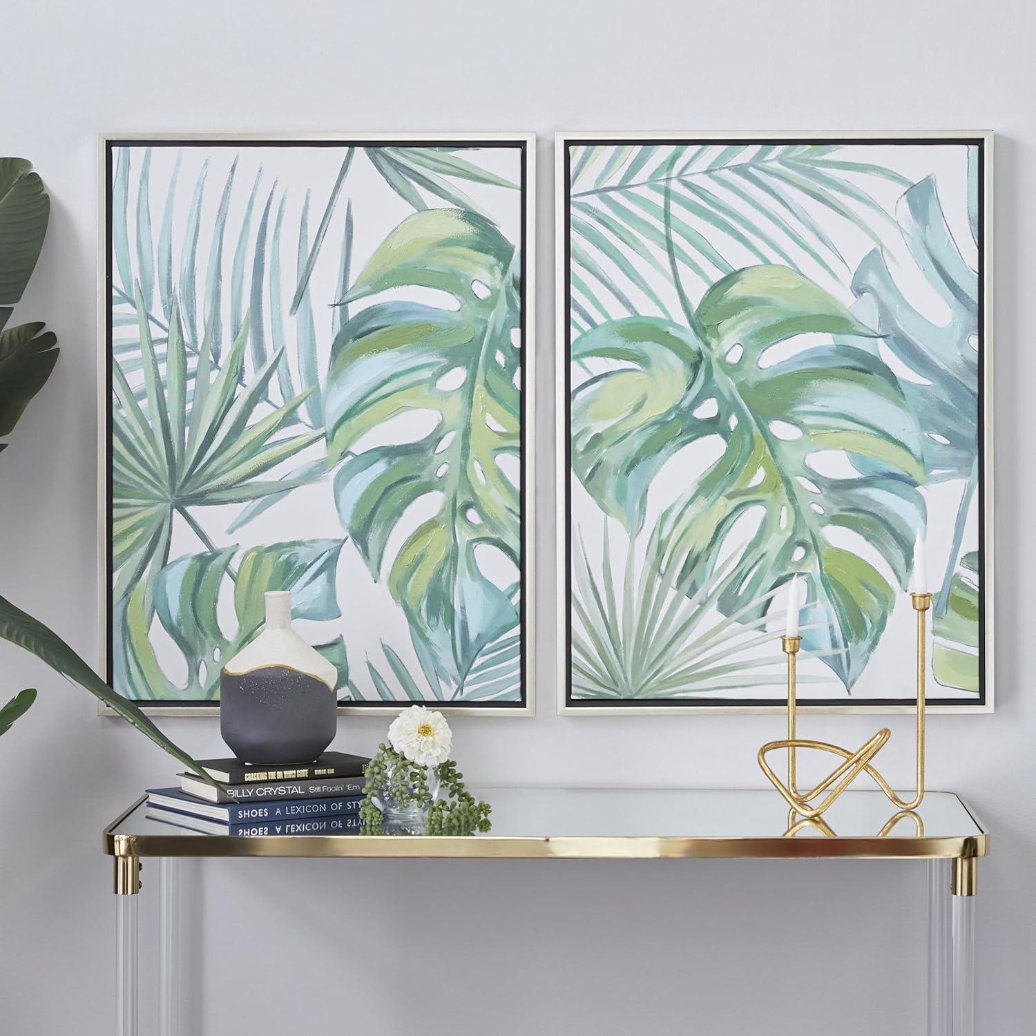 24" x 32" Tropical Leaf Framed Wall Art with Silver Frame, by CosmoLiving by Cosmopolitan (2 Count)