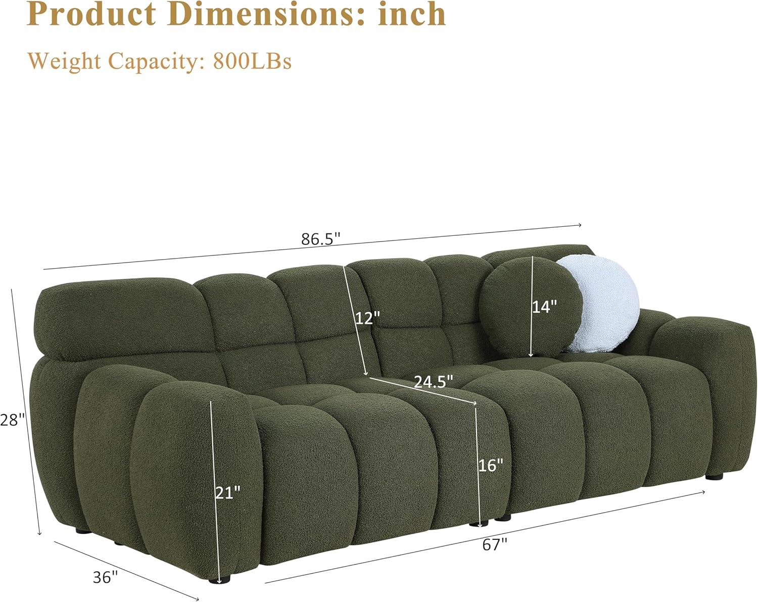 Olive Green Boucle 87" Modern Cloud Sofa with Pillows