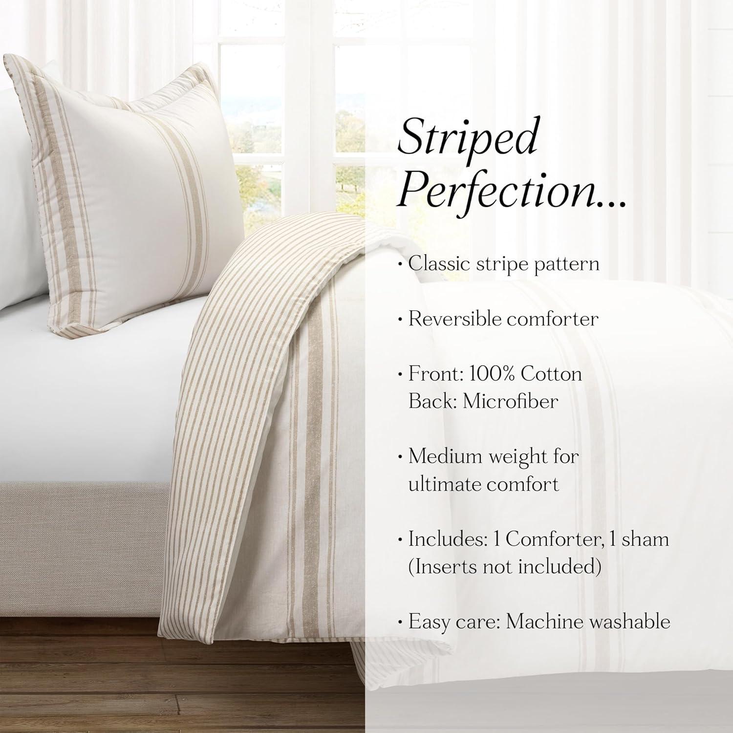 2pc Twin/Twin Extra Long Farmhouse Stripe Reversible Comforter & Sham Set Neutral - Lush Décor: Year-Round Plain Weave