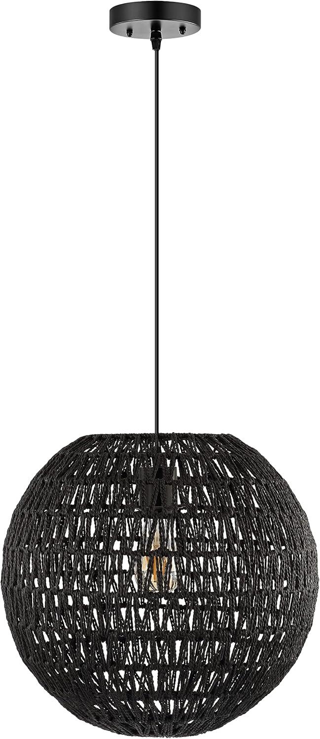 Luna 15.75" Bohemian Modern Black Woven Rattan/Iron LED Pendant