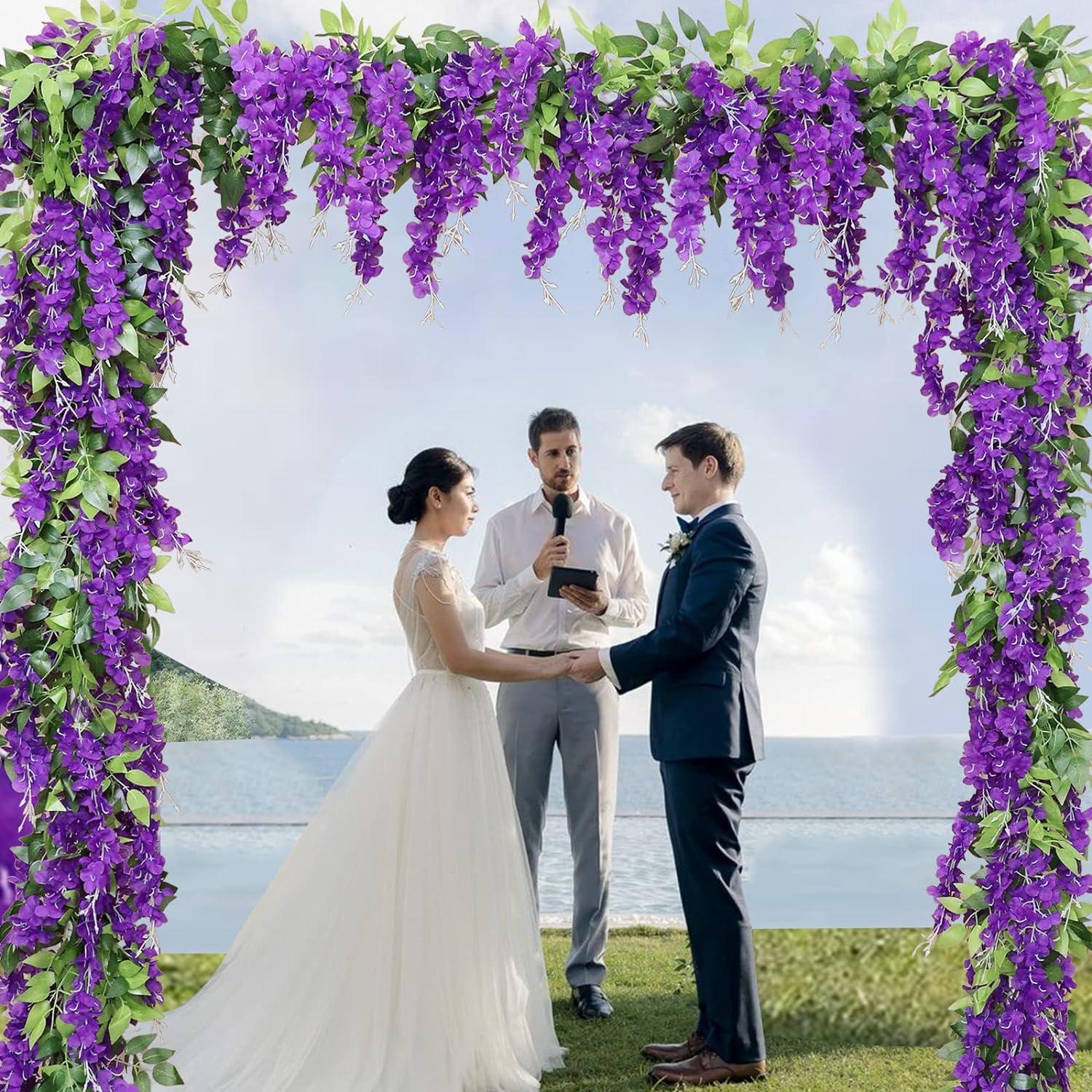 Sinhoon Wisteria Artificial Flowers Garland, 4 Pcs Total 28.8ft Artificial Wisteria Vine Silk Hanging Flower for Home Garden Outdoor Ceremony Wedding Arch Floral Decor (Light Purple)